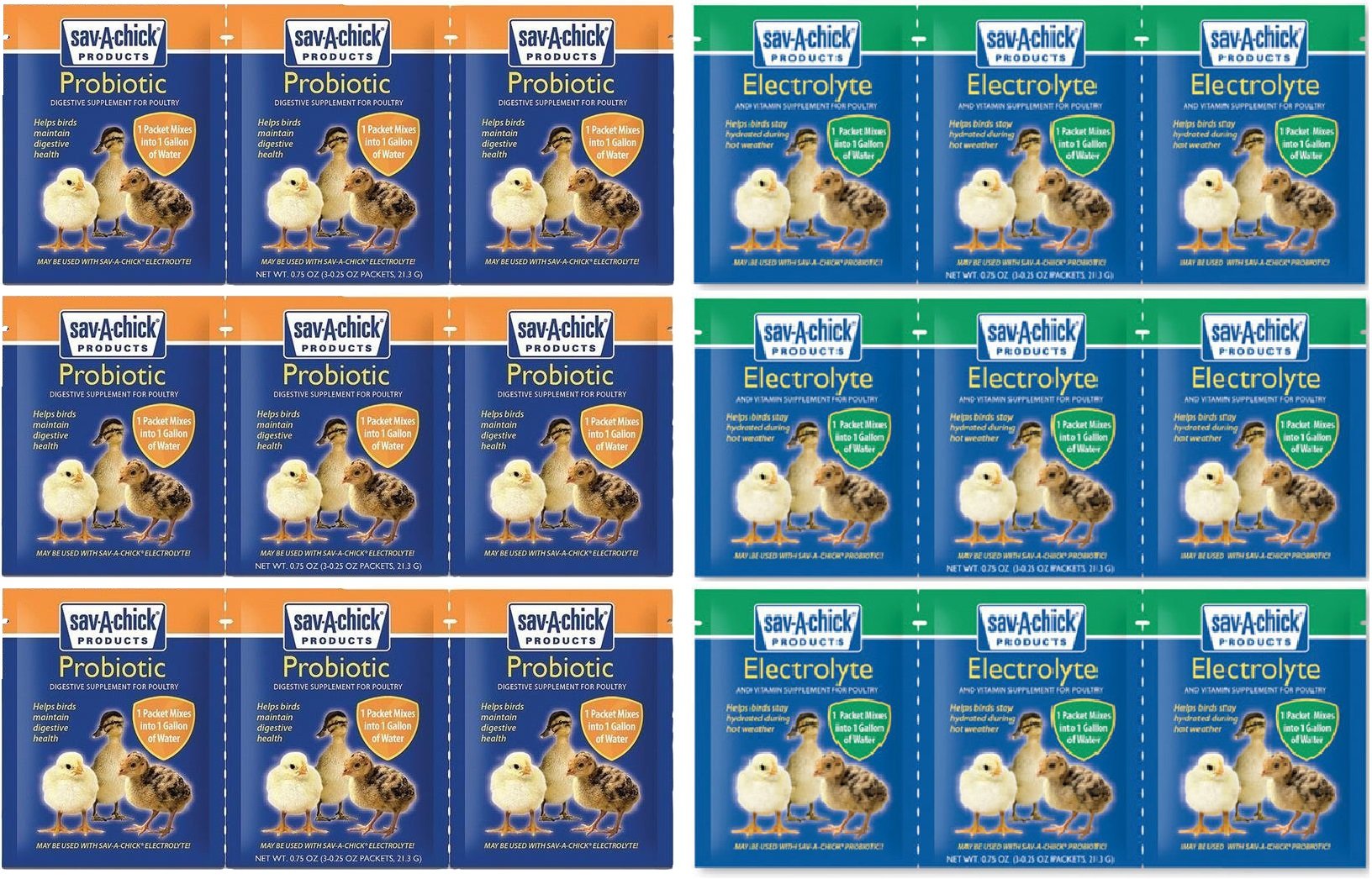 18 Piece Bundle - 9 Packets of Sav-A-Chick Electrolyte and Vitamin Plus 9 Packets of Sav-A-Chick Probiotic