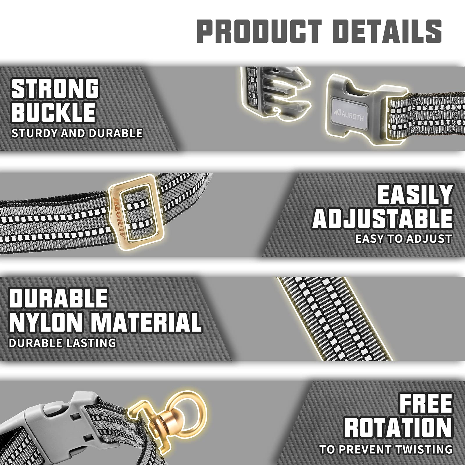 Auroth Dog Collar For Medium Large Dogs, Reflective Dog Collar, Soft Nylon Adjustable Dog Collars With Heavy Duty Metal D Ring Tangle Free (Large:15.7'-27.1', Grey)