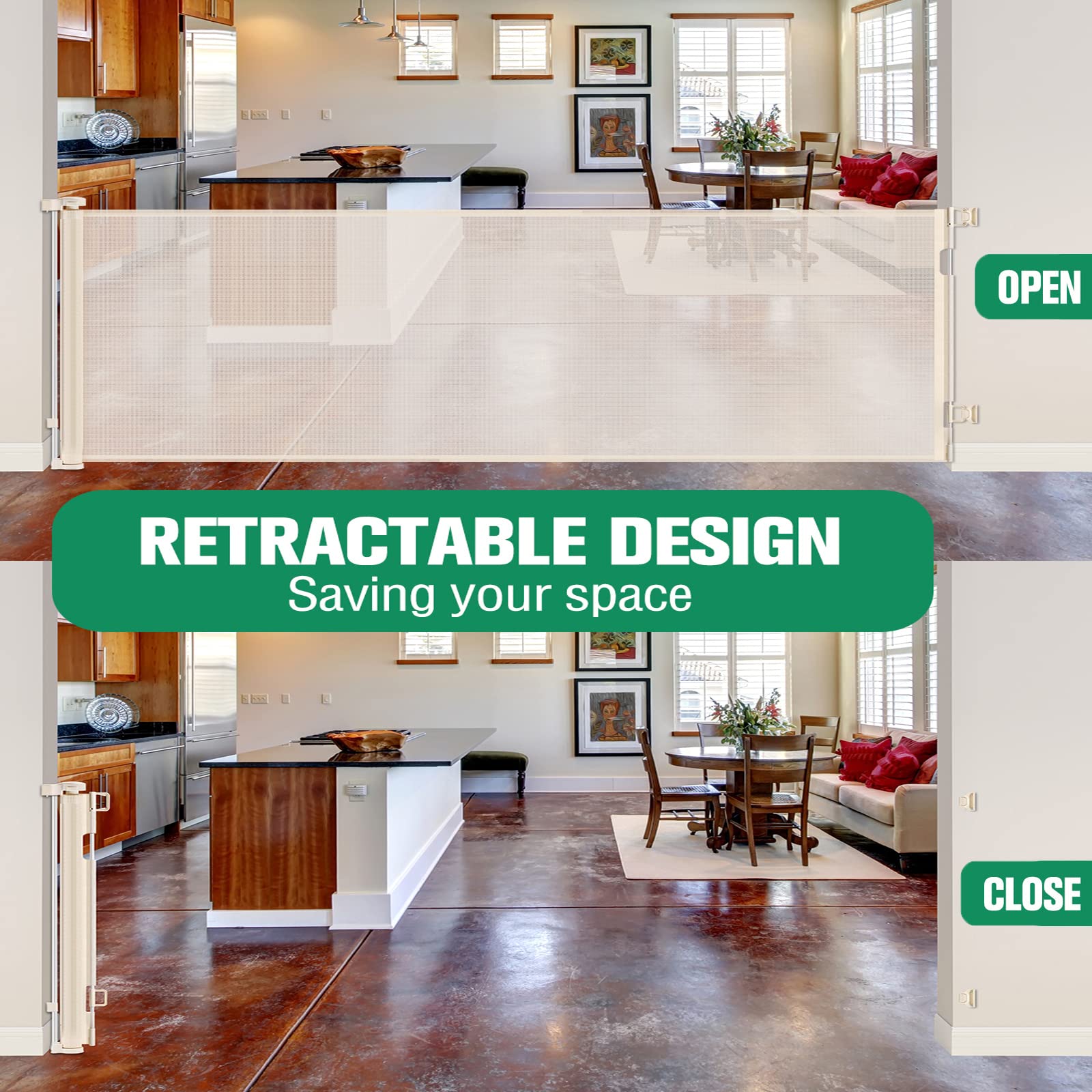 122 Inch Retractable Baby Gates Extra Wide Retractable Dog Gate For Large Openings Dog Gates For The House Extra Wide Gates For Dogs Indoor Extra Long Baby Gate Outdoor Dog Gate For Doorways, Beige