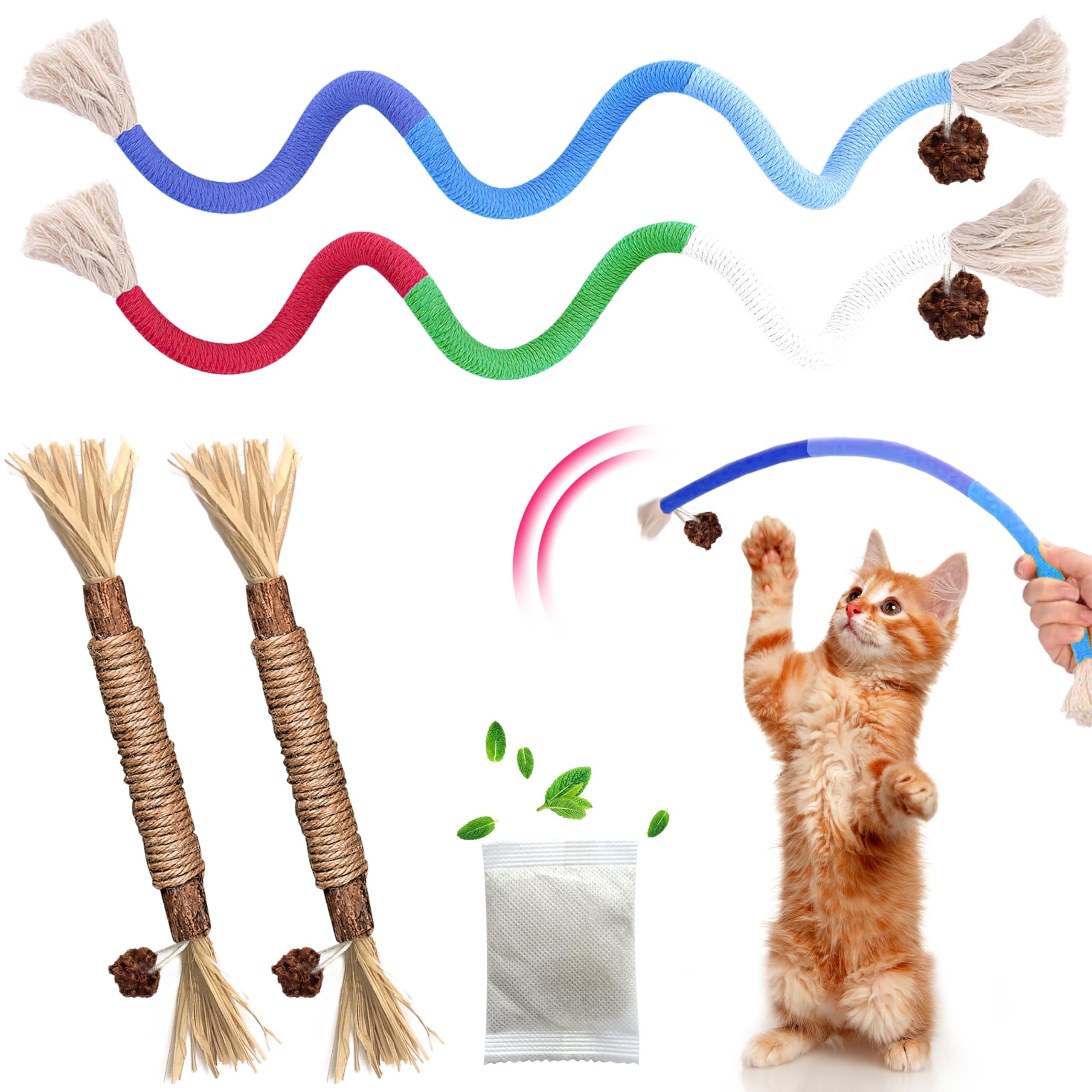 Gbsyu Cat Toys Chew Rope & Silvervine Sticks For Bored Indoor Adult Cats, 4Pcs Interactive Catnip Toys For Cats With Refillable 
