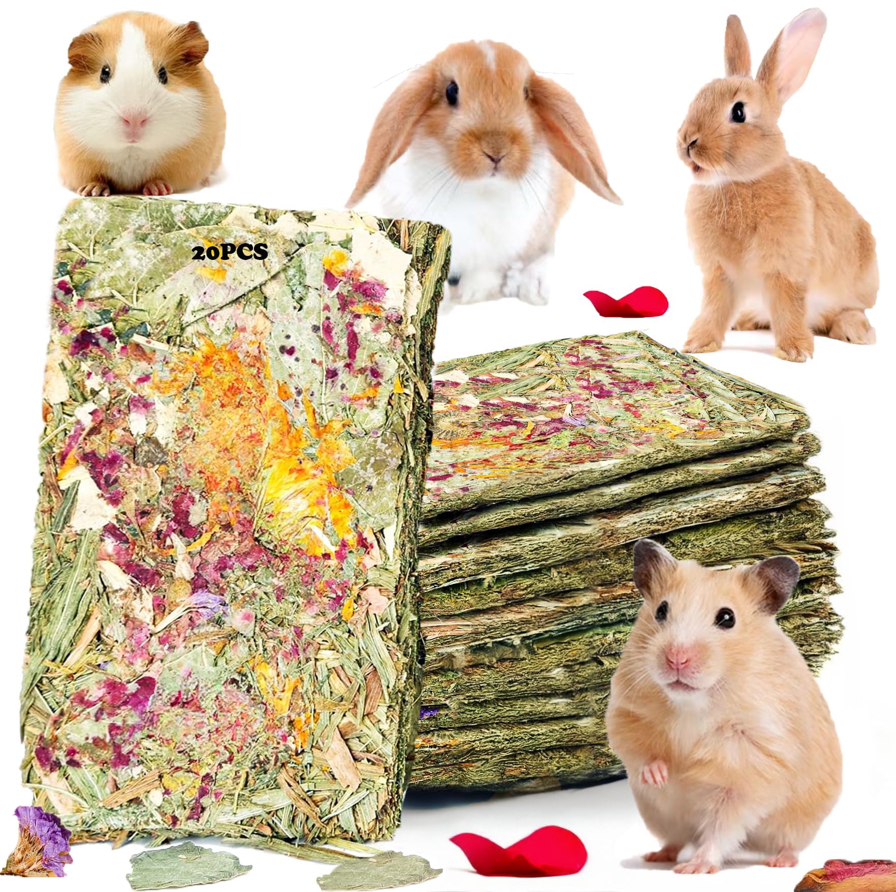 YTSKJ Rabbit Toys 20 Pack Bunny Toy Bunny Chew Toy Guinea Pig Treats Timothy Hay Toys Chips with Herbal Flowers Timothy Hay Gras