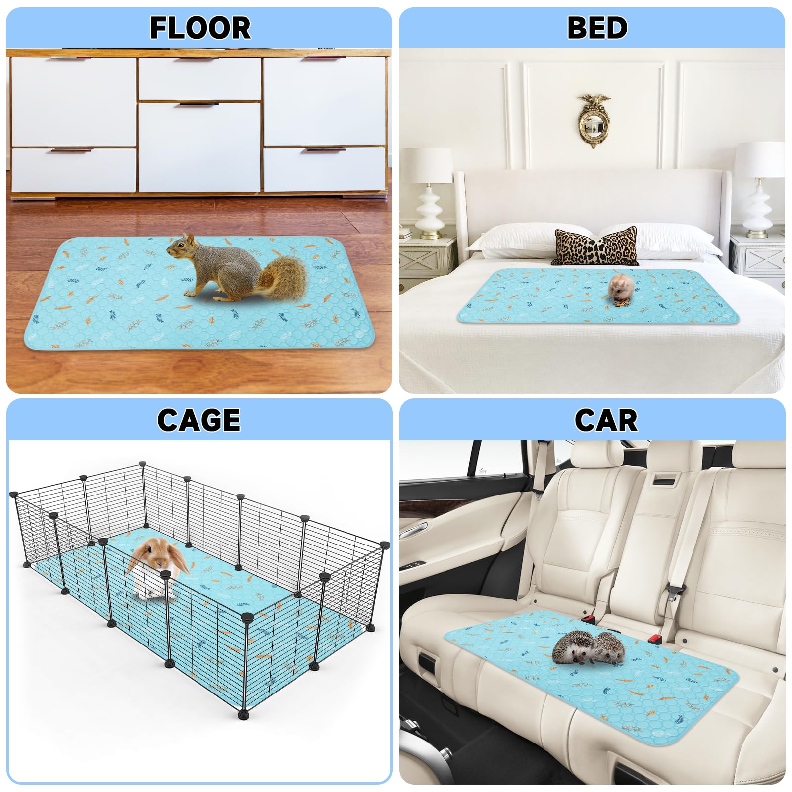 Sunheir 2 Pack Washable Guinea Pig Pee Pads, 24' X 48' Waterproof Reusable Guinea Pig Cage Liners, Absorbent Bedding Training Mat For Small Animal Guinea Pigs Rabbit Bunny Hamster - Sky Blue