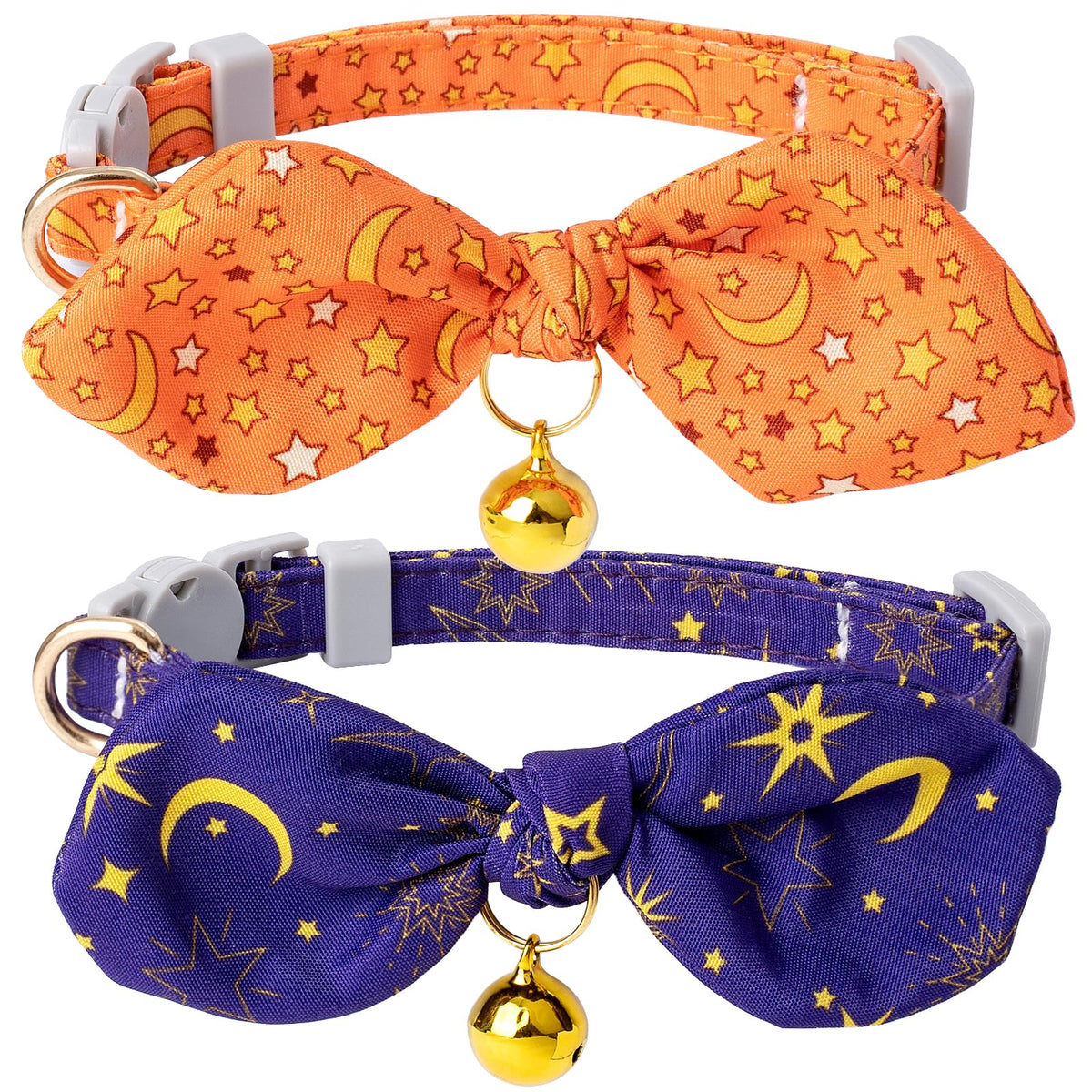 Faygarsle 2 Pack Breakaway Cute Cat Collars With Bell, Cat Collar With Bow For Girl Boy Cats Orange With Purple Stars