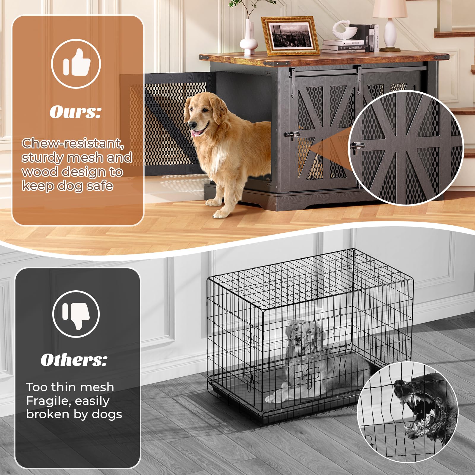 VOPEAK Farmhouse Large Dog Crate Furniture, Heavy Duty Dog Cage for Medium Large Dogs, XL Dog Crate Dog Kennel Indoor with Doubl