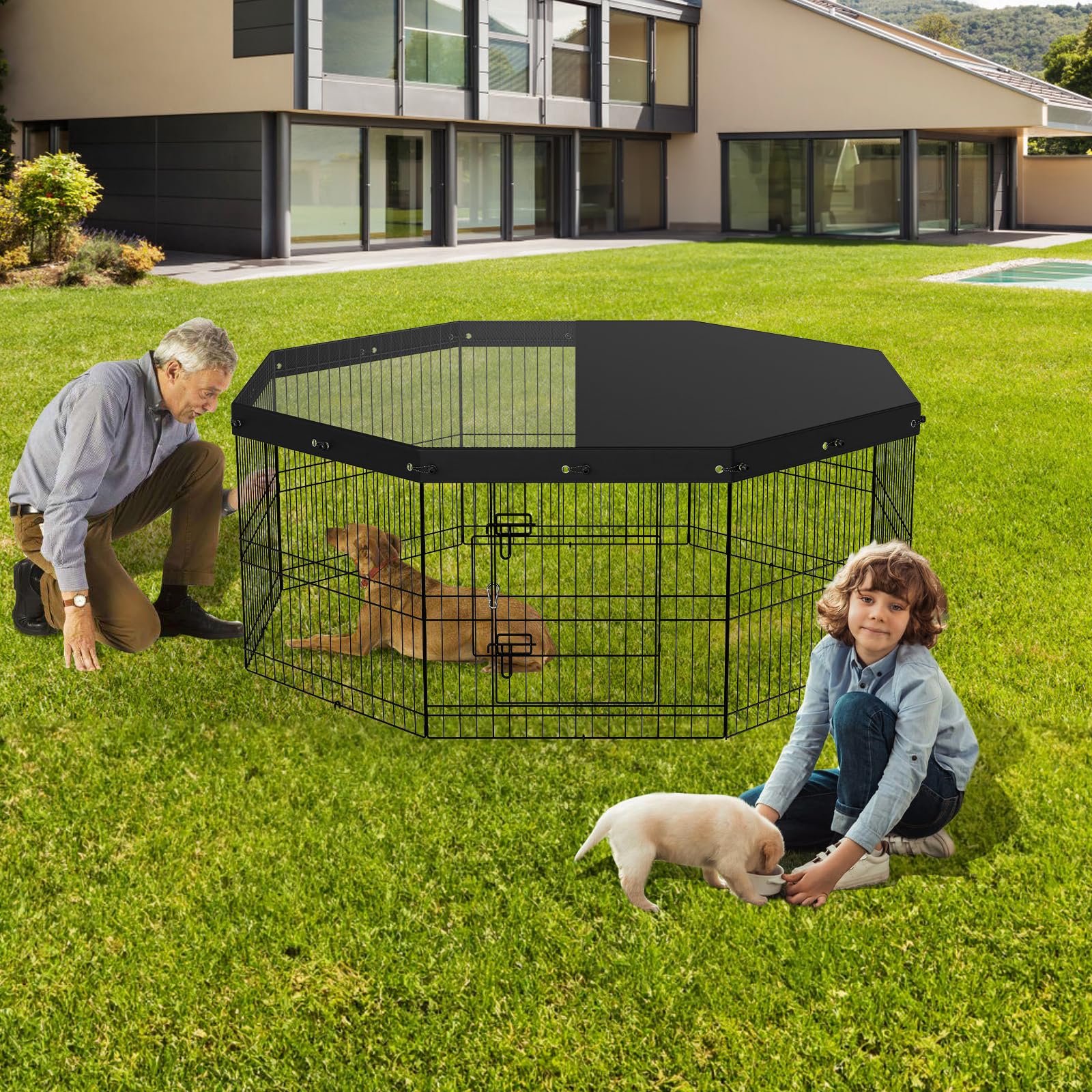VEVOR Dog Playpen, 8 Panels Foldable Metal Dog Exercise Pen with Top Cover, 24 H Pet Fence Puppy Crate Kennel with Ground Stakes