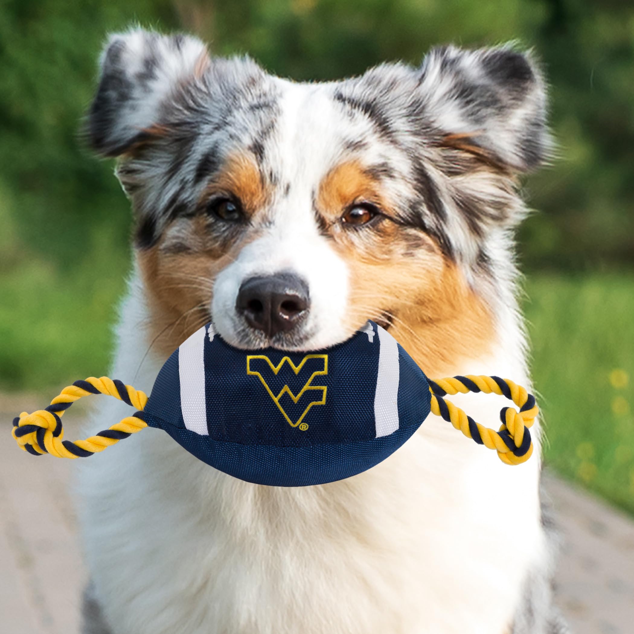 Pets First NCAA West Virginia Mountaineers Nylon Football Dog Toy, Tough Quality Nylon Materials, Strong Pull Ropes, Inner Squea