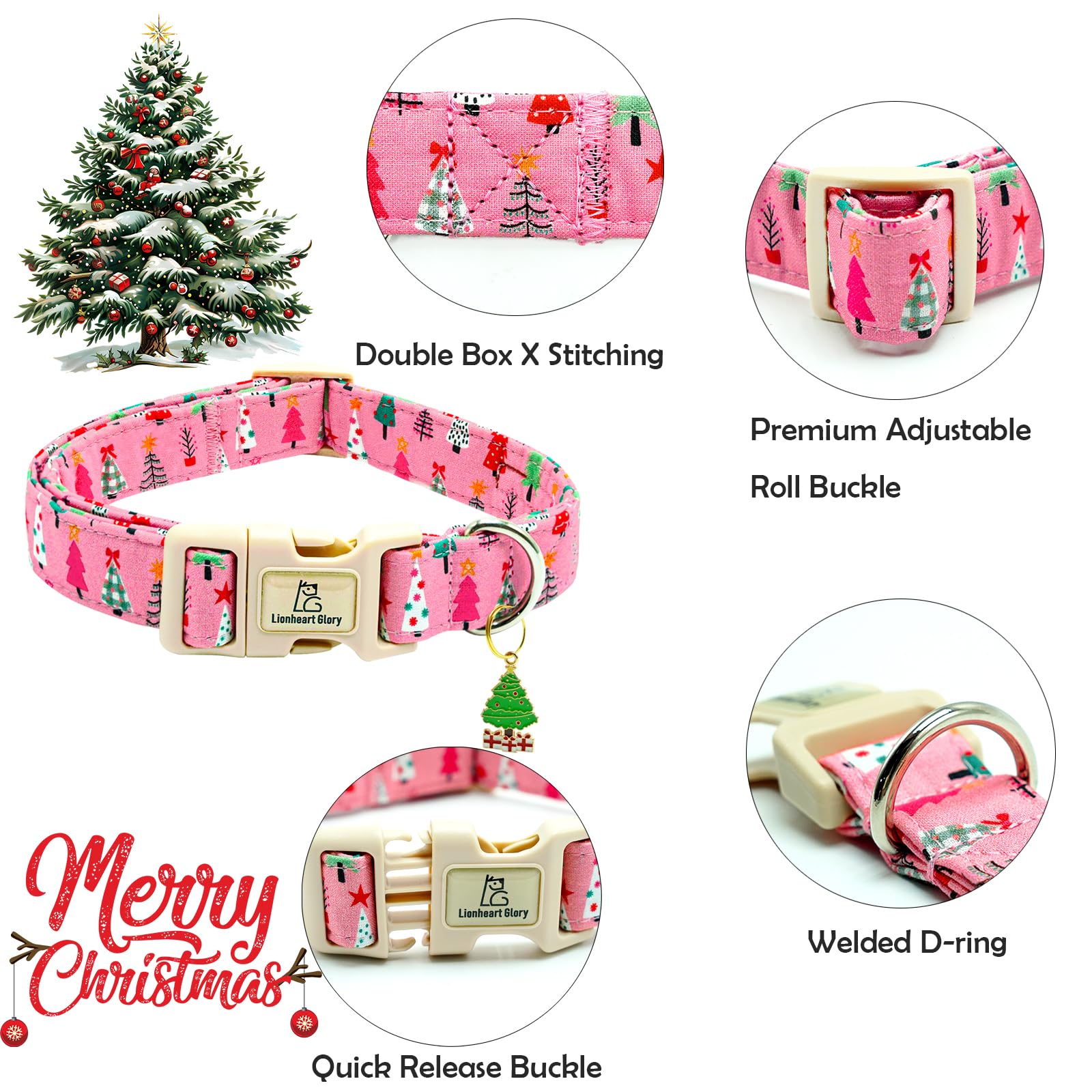 Lionheart Glory Christmas Dog Collar, Pink Christmas Tree Adjustable Soft Comfortable Collar For Medium Dogs For Girls Or Boys