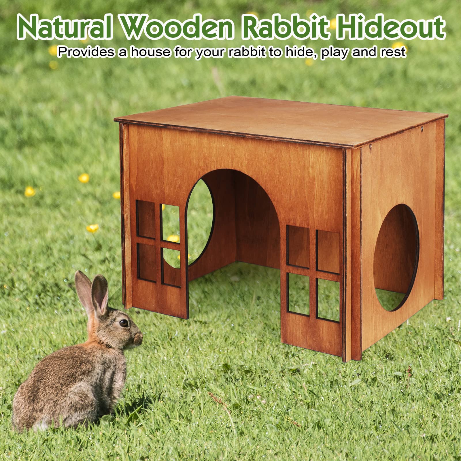 Rabbit House Wooden, Rabbit Houses And Hideouts Whearted, Large Rabbit Hideout Bunny House With Multiple Windows For Indoor Adult Bunnies Guinea Pigs Chinchilla Habitat - Brown