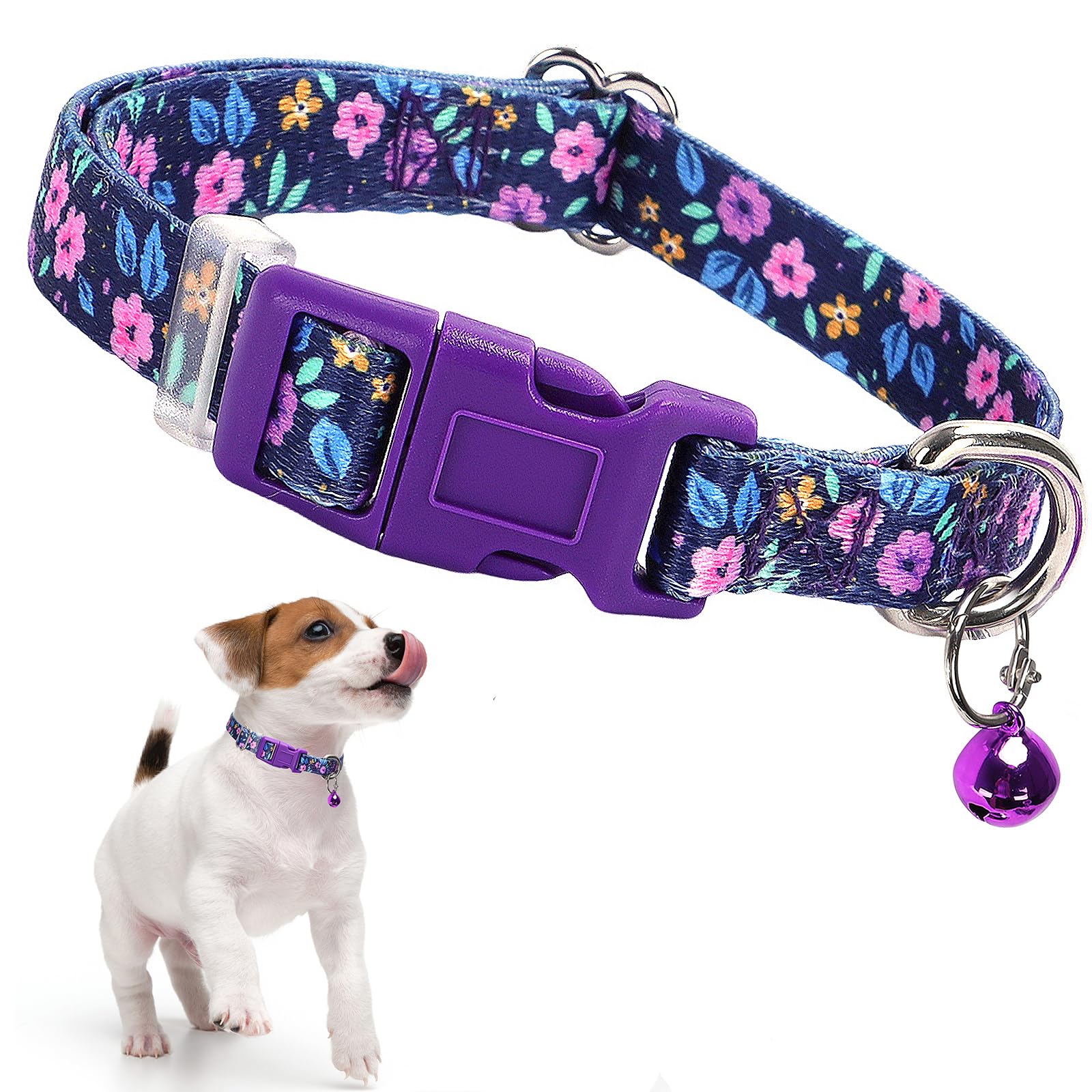 Purple Floral Puppy Collar With Bell, Pretty Cute Flower Girl Dog Collar Tiny Kitten Collars With Bells For Xs Small Pet Female 