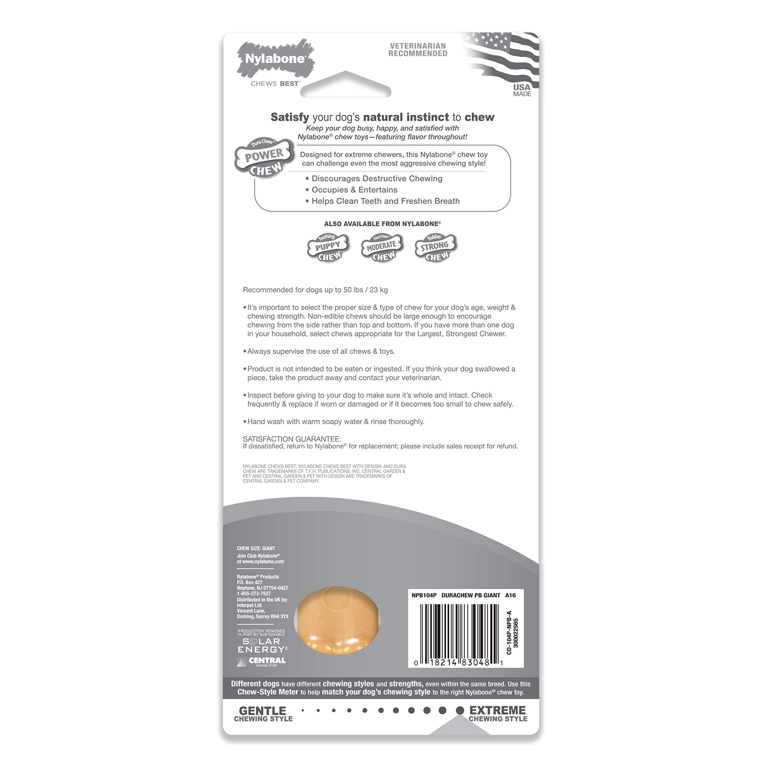 Nylabone Power Chew Classic Bone Chew Toy For Dogs, Durable Dog Toys For Aggressive Chewers, Peanut Butter Flavor, Large/Giant - Up To 50 Lbs. (1 Count)