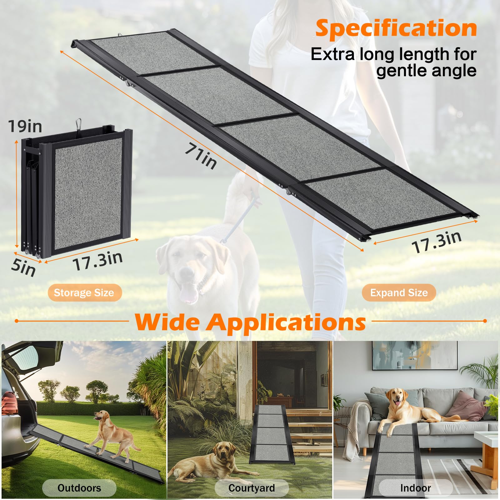 Dog Ramp For Car, 71'' Extra Long Folding Pet Stair Ramp With Non-Slip Surface For Medium & Large Dogs Up To 250Lbs, Outdoor Dog