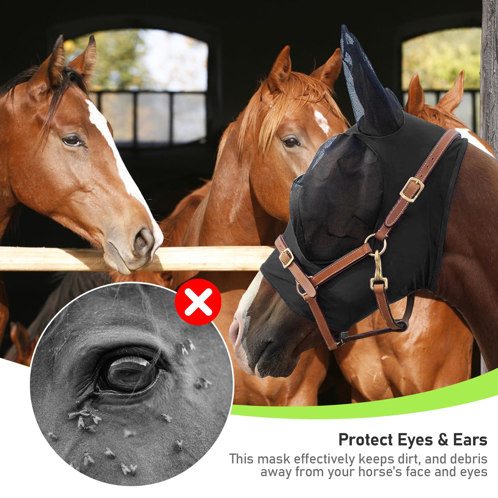 HUIKANGSHENG Horse Fly Mask with Ears Fit for Pony - Equine Fly Mask for Horses with Sunlight Protection, Large Eye Space with B