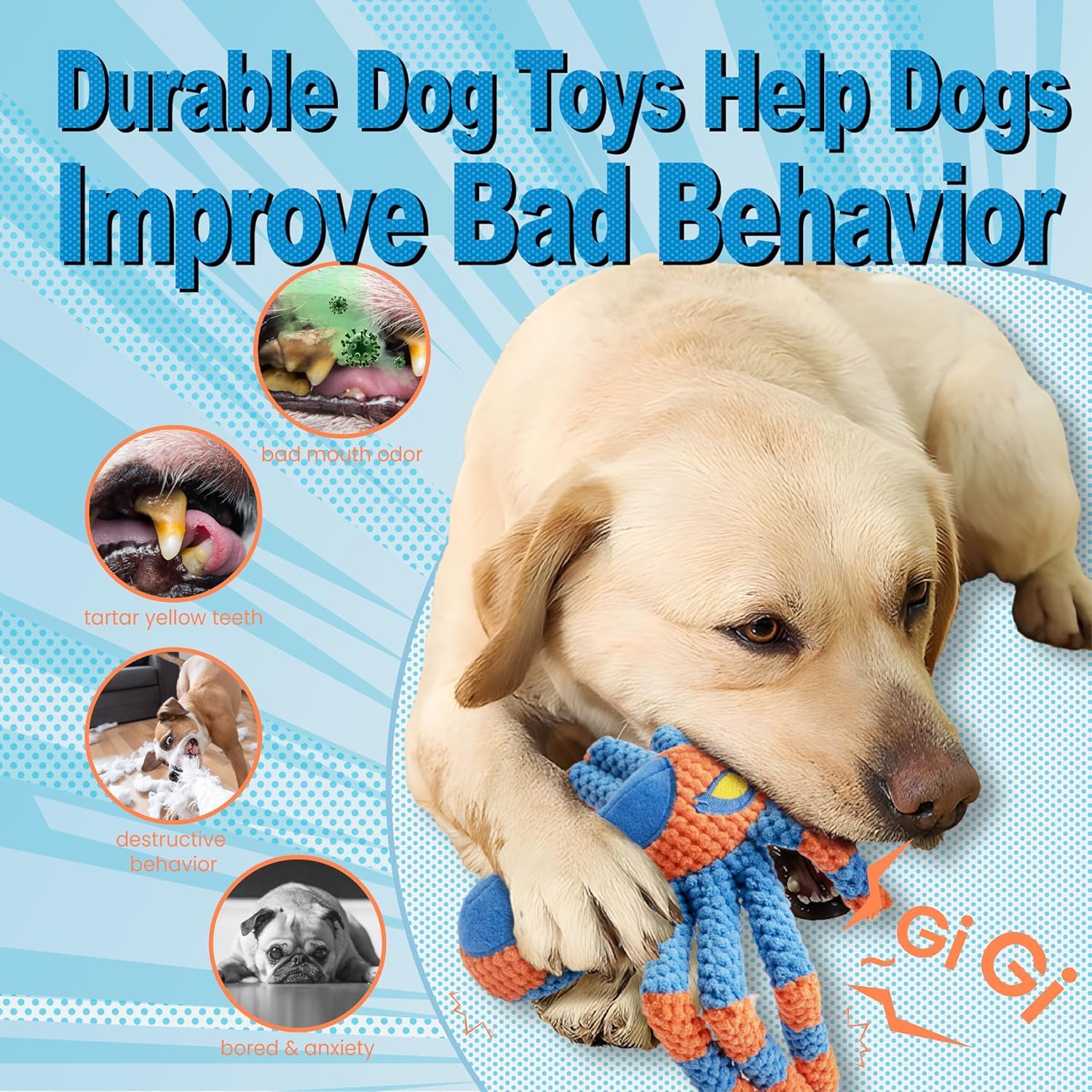 LEGEND SANDY Large Dog Toys for Aggressive Chewers - Interactive Squeaky & Crinkle Tug Toy in Blue Spider