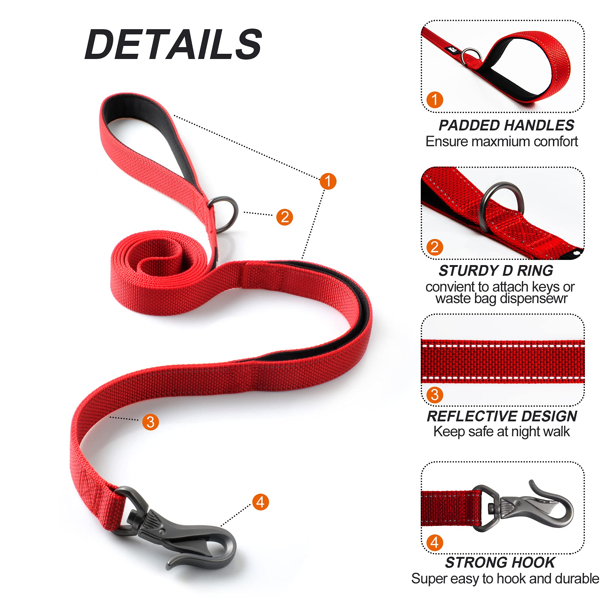 TwoEar Red Dog Leash - 4FT 1IN Nylon with 2 Padded Handles & Traffic Control for Small, Medium & Large Dogs