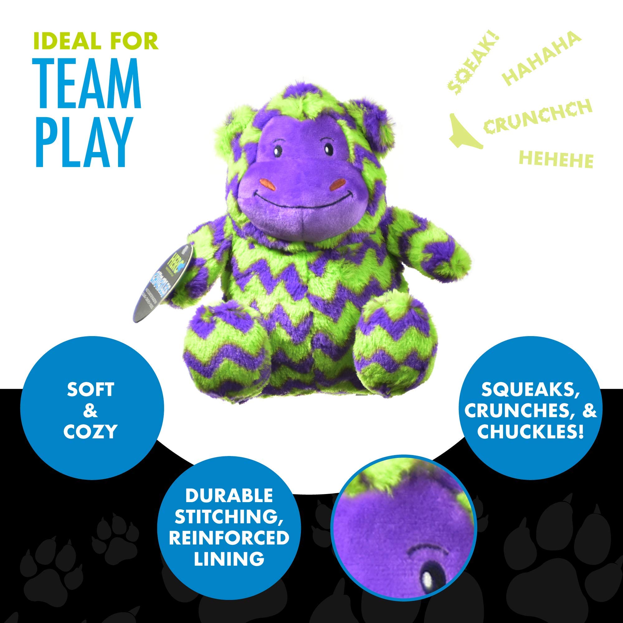 Hero Chuckles Plush Dog Toy, Durable Stuffed Animal With 3-In-1 Squeaker (Monkey)