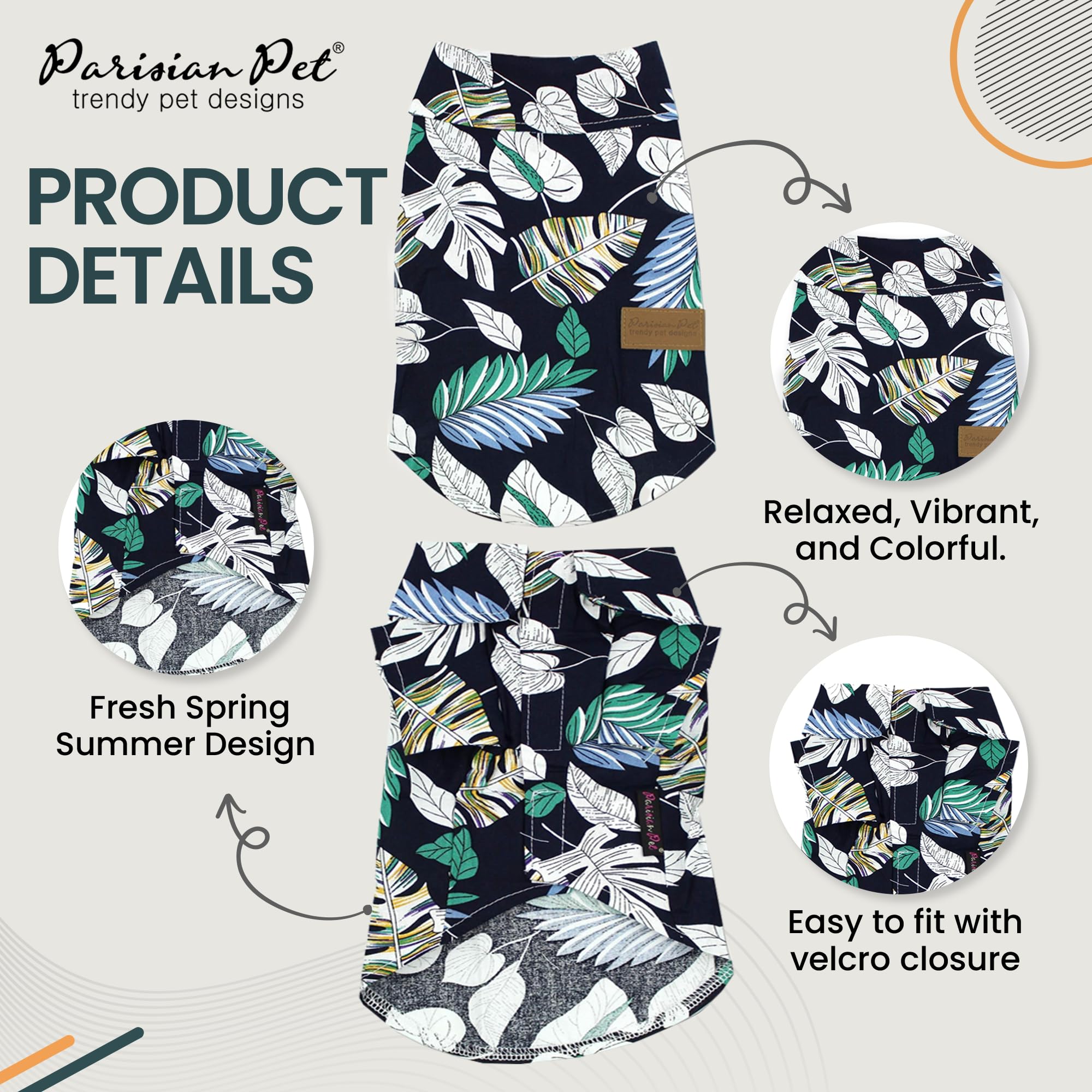 Parisian Pet Palm Leaves Dog Shirt - 100%Cotton Summer Clothes - Stylish Beach Outfit - Hook And Loop Closure - Machine Washable