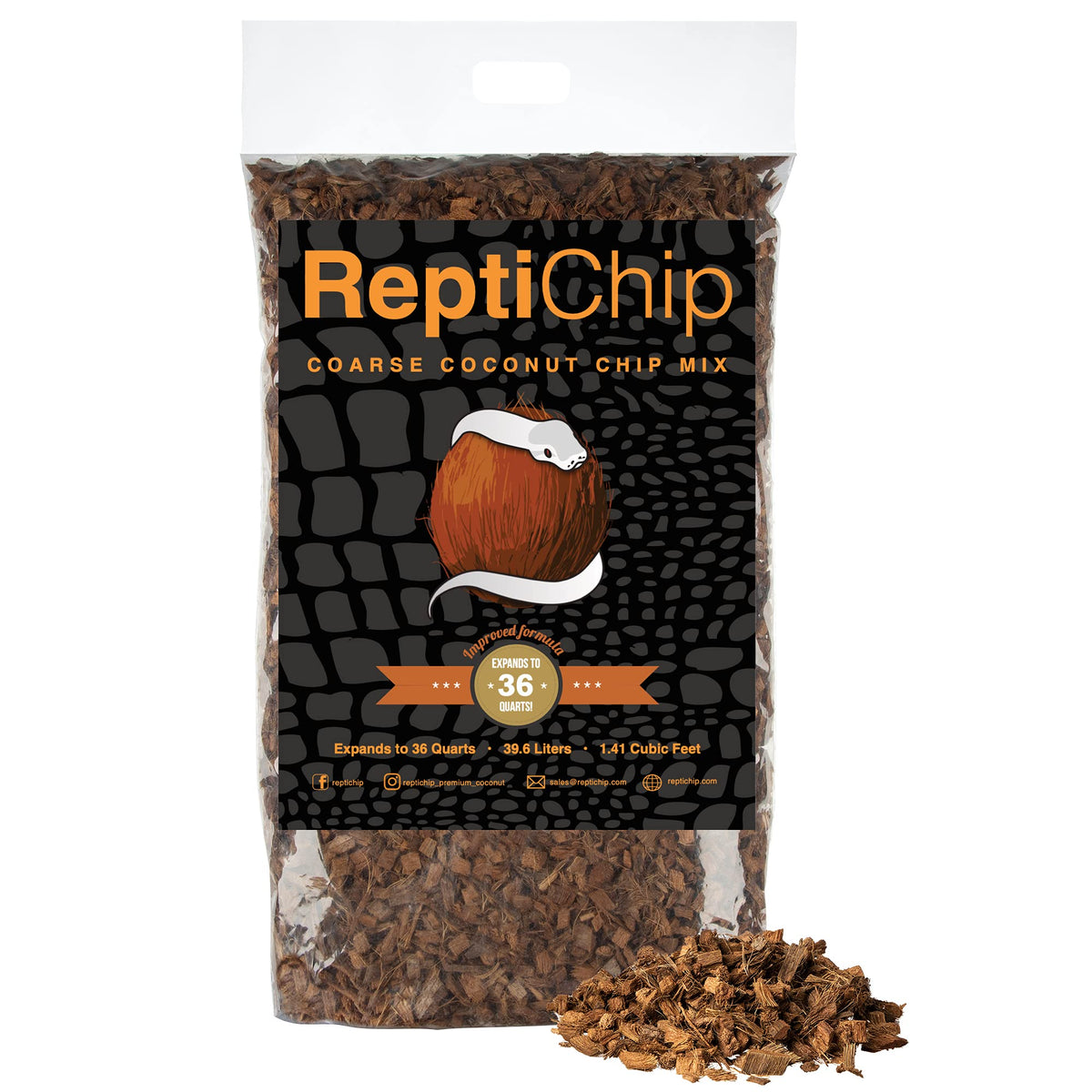 Reptichip Coconut Substrate For Reptiles 36 Quart Loose Coarse Coconut Husk Chip Reptile Bedding For Ball Pythons, Tortoises, Geckos, Frogs, Snakes Or Lizard Terrarium Tanks