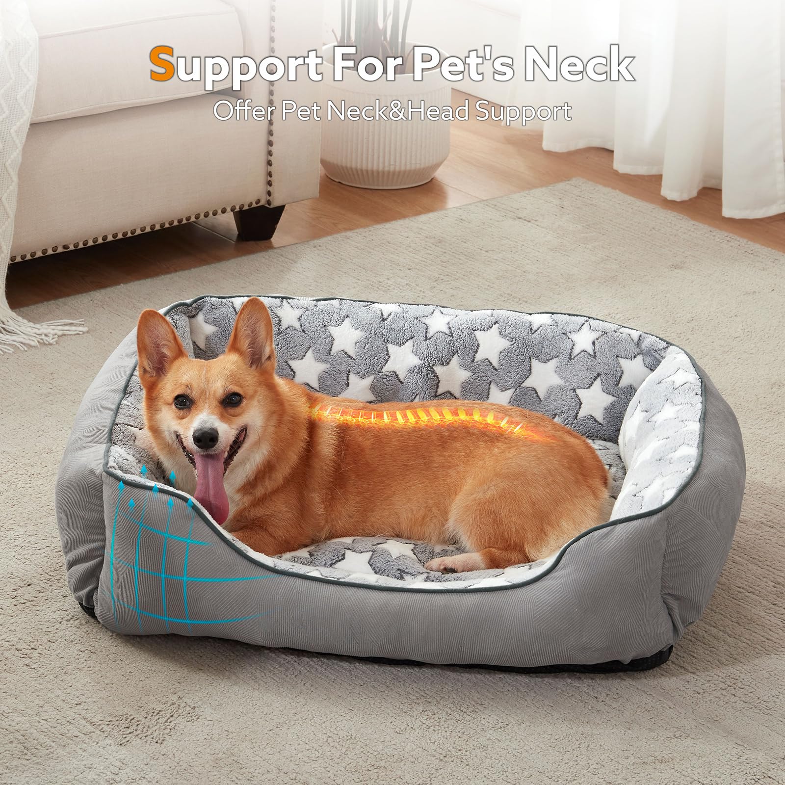 SIWA MARY Dog Bed for Medium Large Size Dogs,Stars Pattern Design Inside, Rectangle Pet Sofa, Washable Soft Sleeping Warming Pet