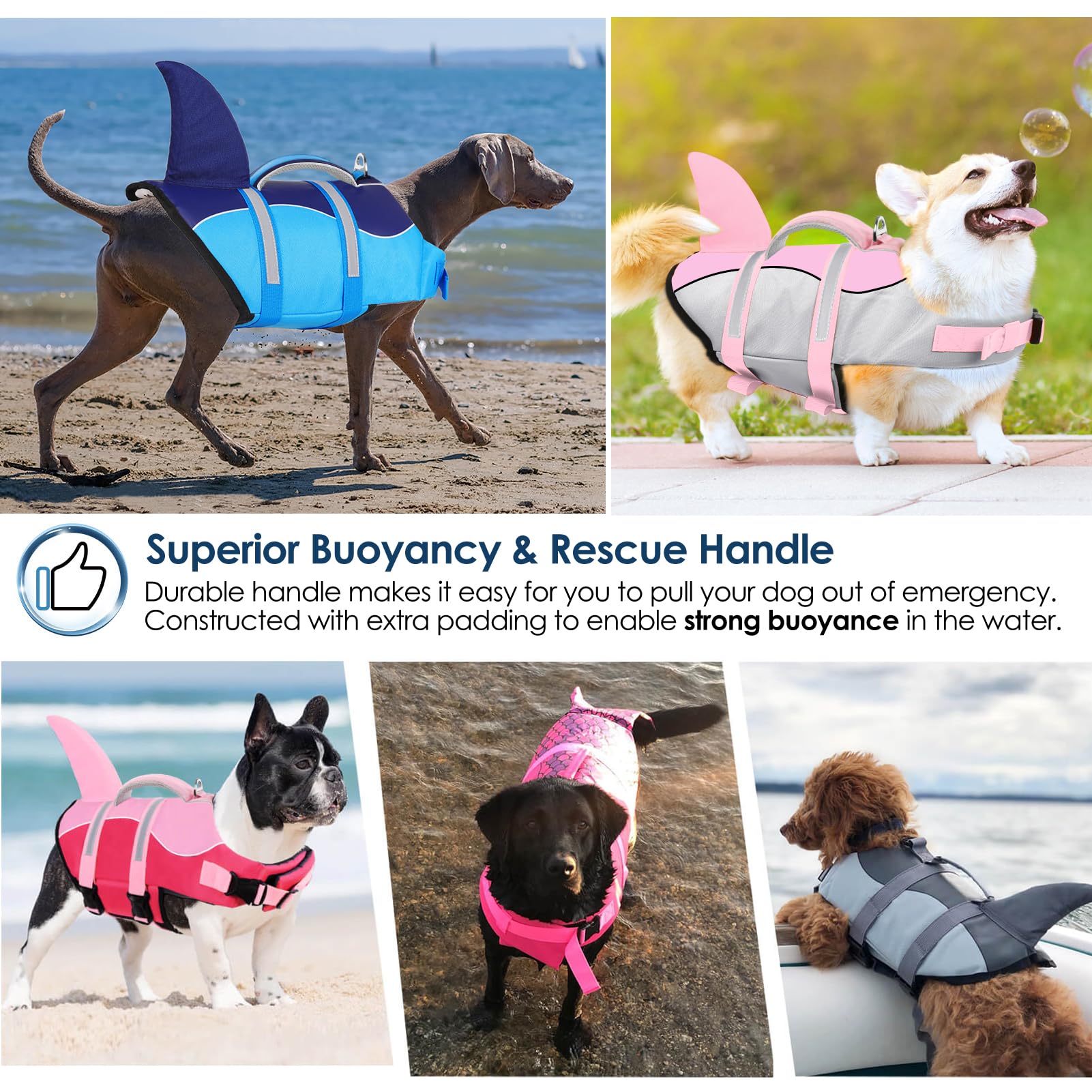 Aofitee Dog Life Jacket, Dog Life Vest For Swimming, Shark Dog Life Vest With Rescue Handle And Reflective Stripe, Ripstop Dog Lifesaver Float Coat, Dog Swimming Vest For Small Medium Large Dogs Blue