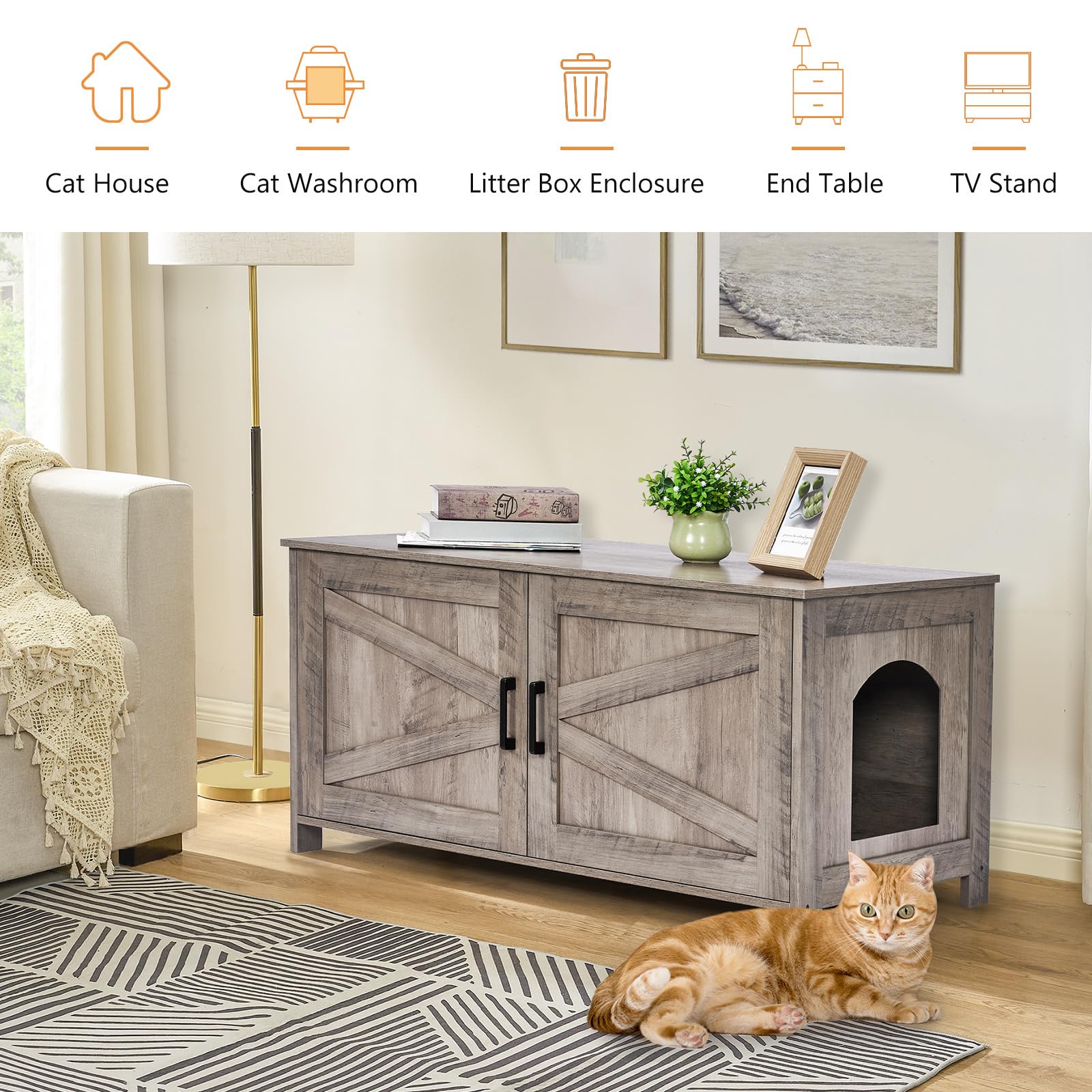 Homhedy 39.4'' L Cat Litter Box Enclosure, Pet House With Barn Door, Wooden Cat Washroom Furniture, Fit Most Of Litter Box, Grei