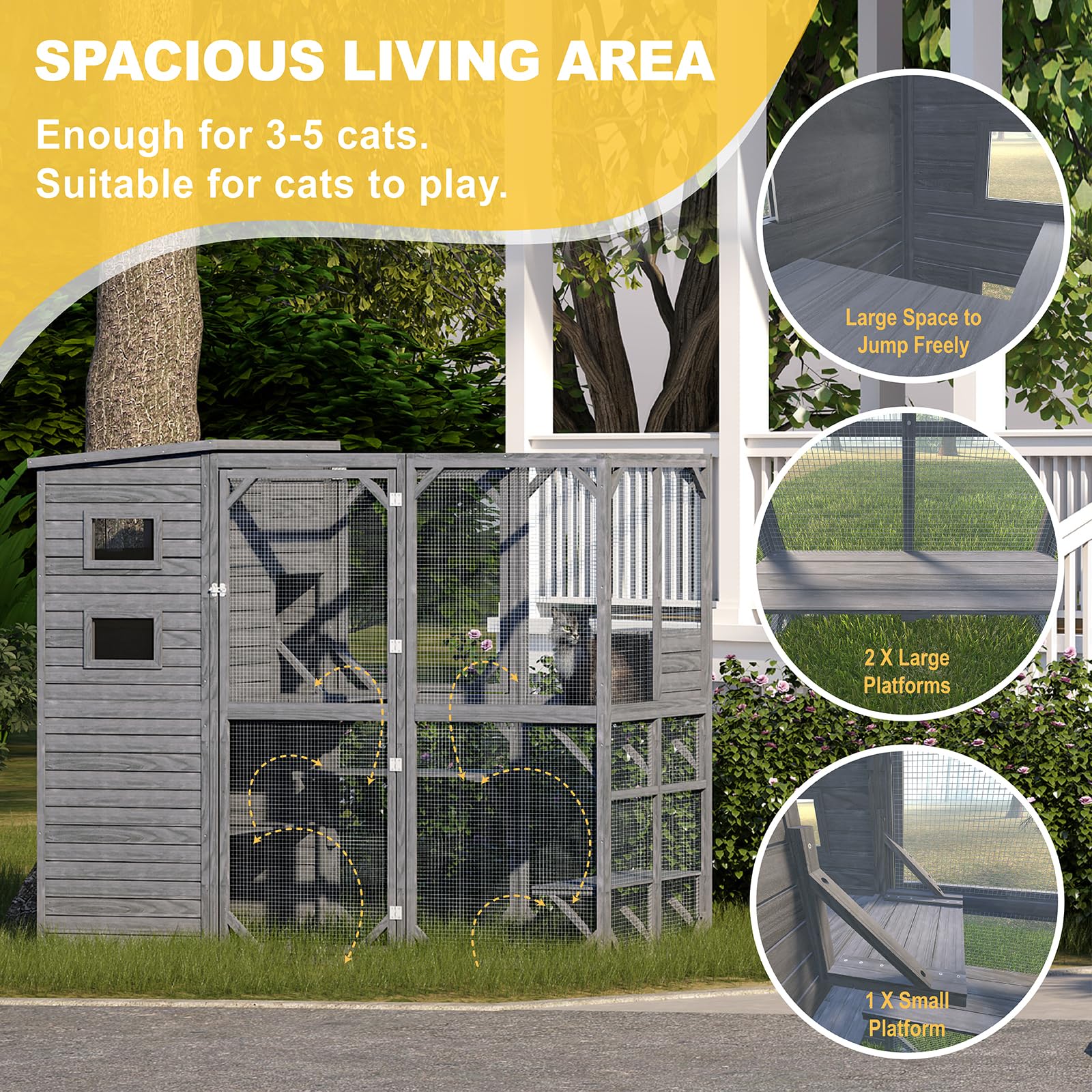 Mxsunh Catio Outdoor Cat Enclosure,Large Weatherproof Cat House For Mulitiple Cats Play With 4 Platforms, Sunshine Roof,Visible