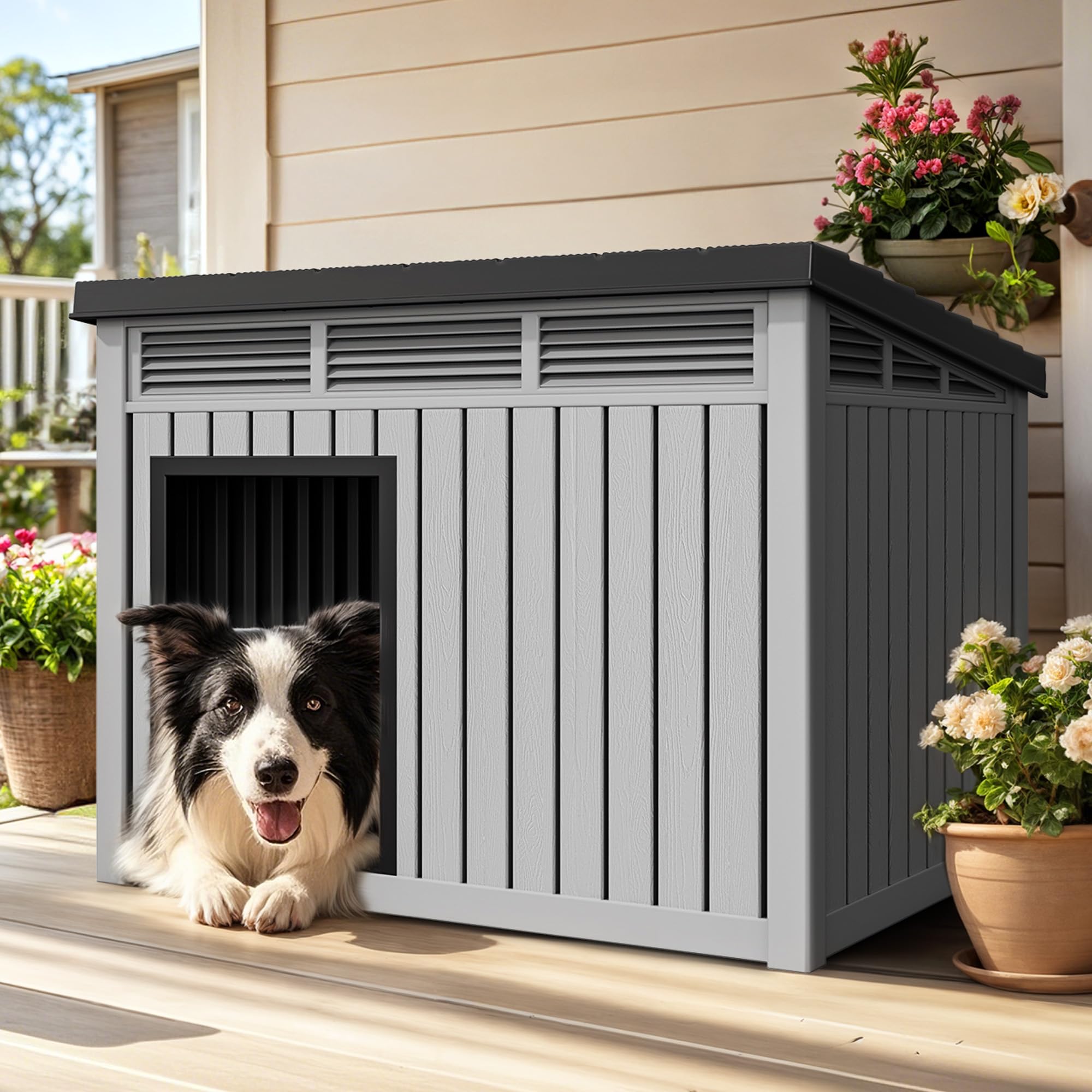YITAHOME Plastic Dog House, Indoor & Outdoor Dog Kennel with Lift-Up Sloping Roof, Waterproof & Ventilated for Small to Medium D