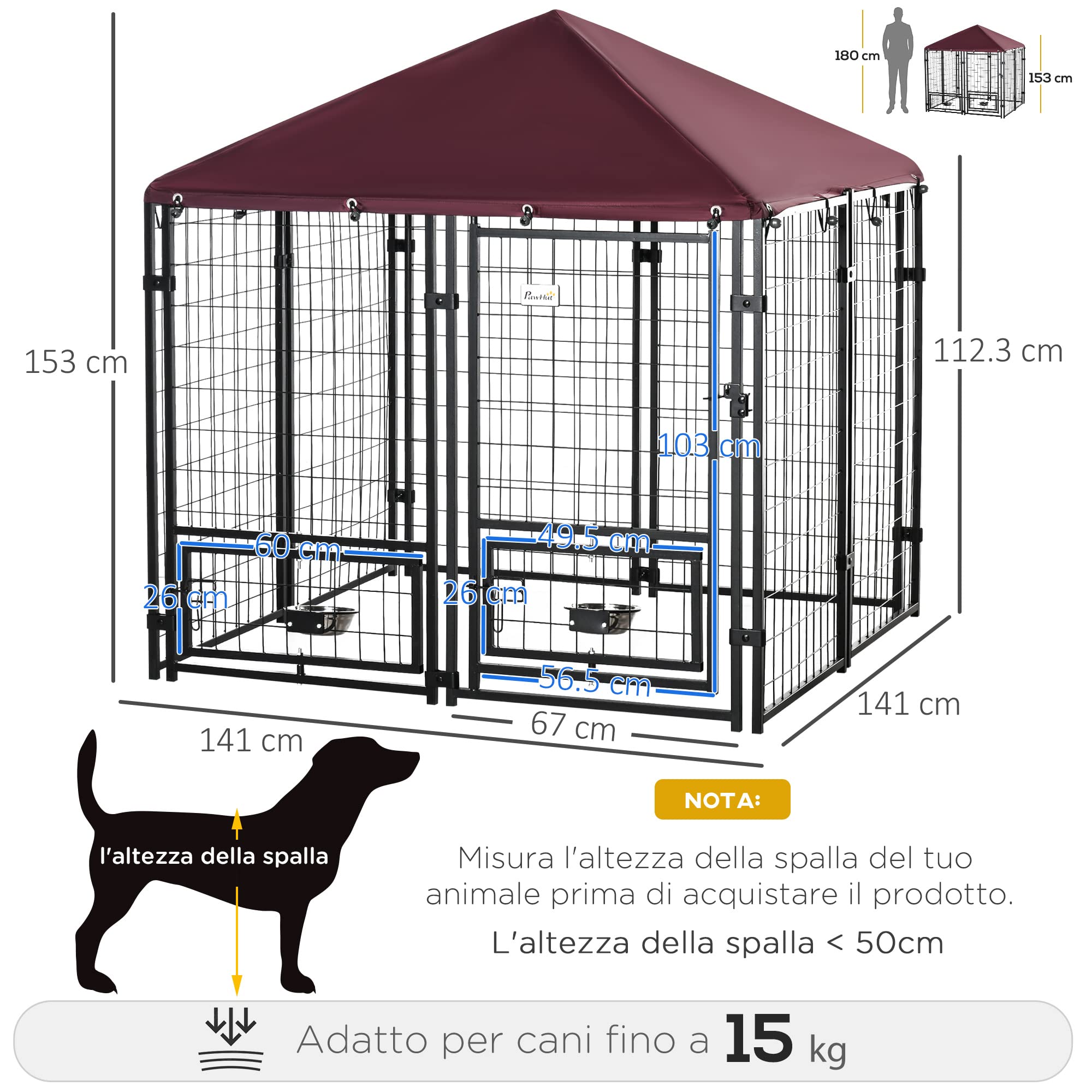 Pawhut Outdoor Dog Fence, Steel Pet Box With Lock, 2 Swivel Bowls And Oxford Fabric Cover, Kennel Black And Red