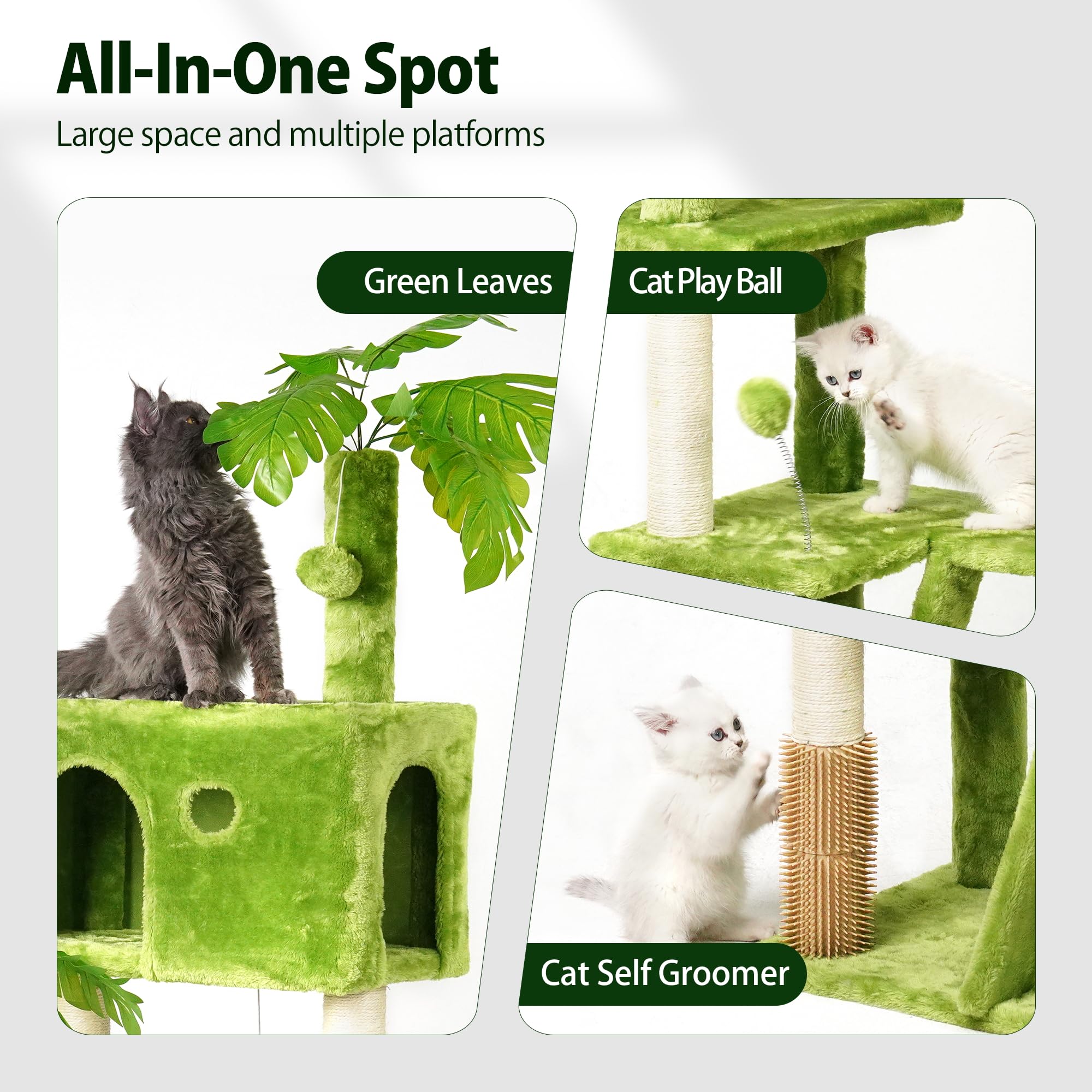 Meecal Large Cat Tree With Leaves For Indoor Cats Large Adult,65'' Green Cat Tower With Scratching Post,Hanging Hammock,Cozy Per