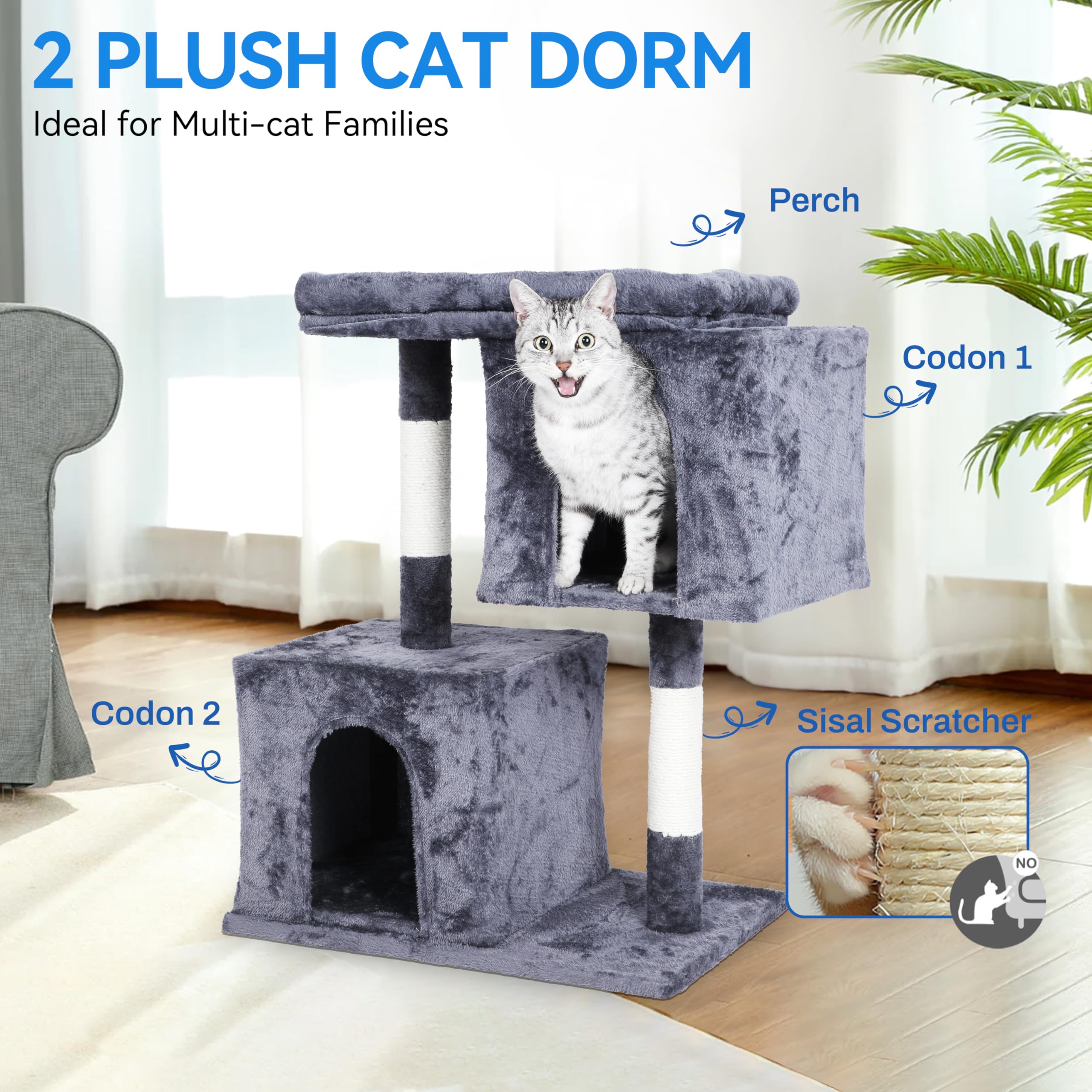 Cat Tree Tower 31 inch, 2 Plush Cat Condos, Cat Tree for Indoor Cats, Cat Scratching Post, Cat Post Scratcher with Perch, Small