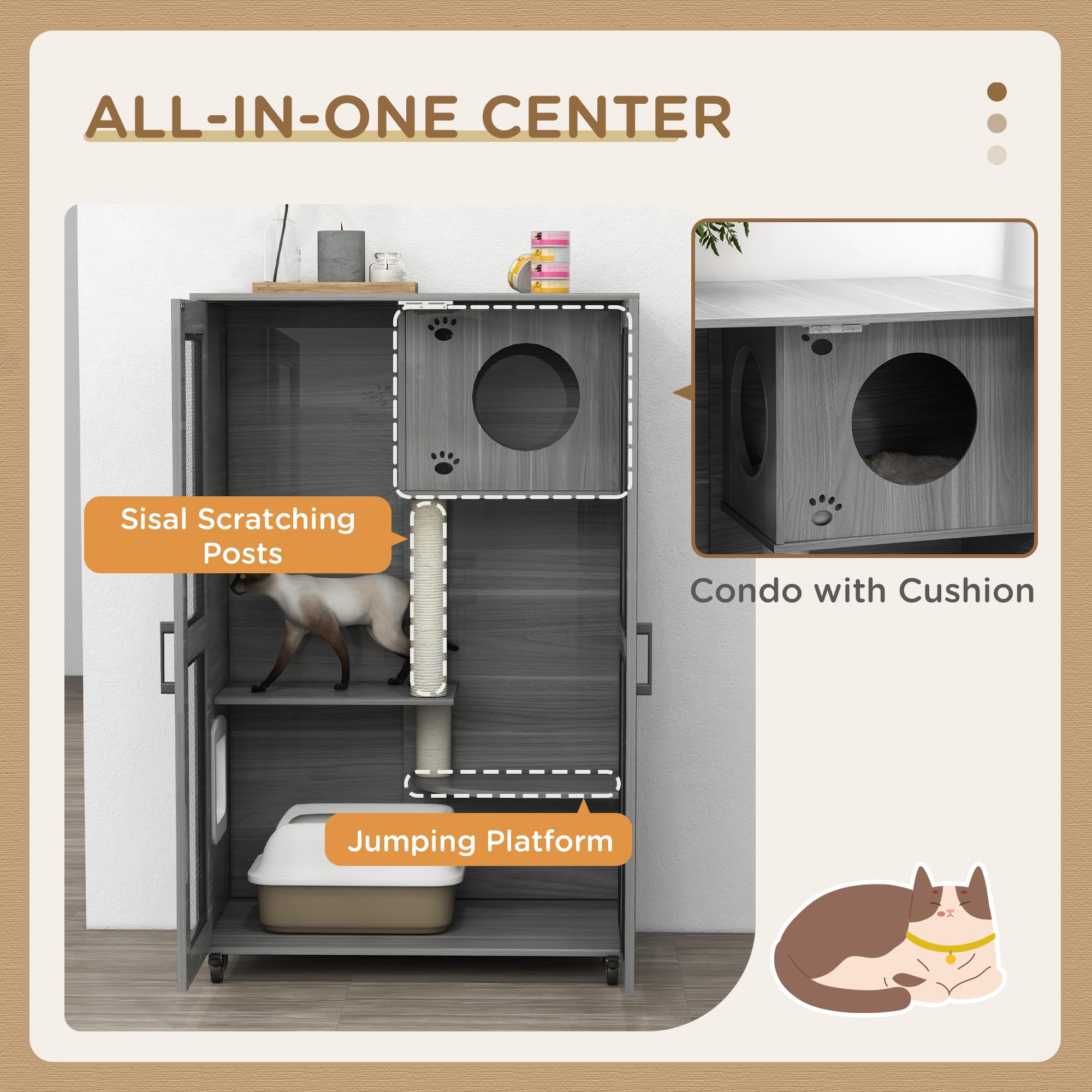 Pawhut Luxury Cat House With Wheels, Kitty Cage Catio Villa For Indoor Cats With Scratching Posts, Condo, Flap Door, Cushion, Gr