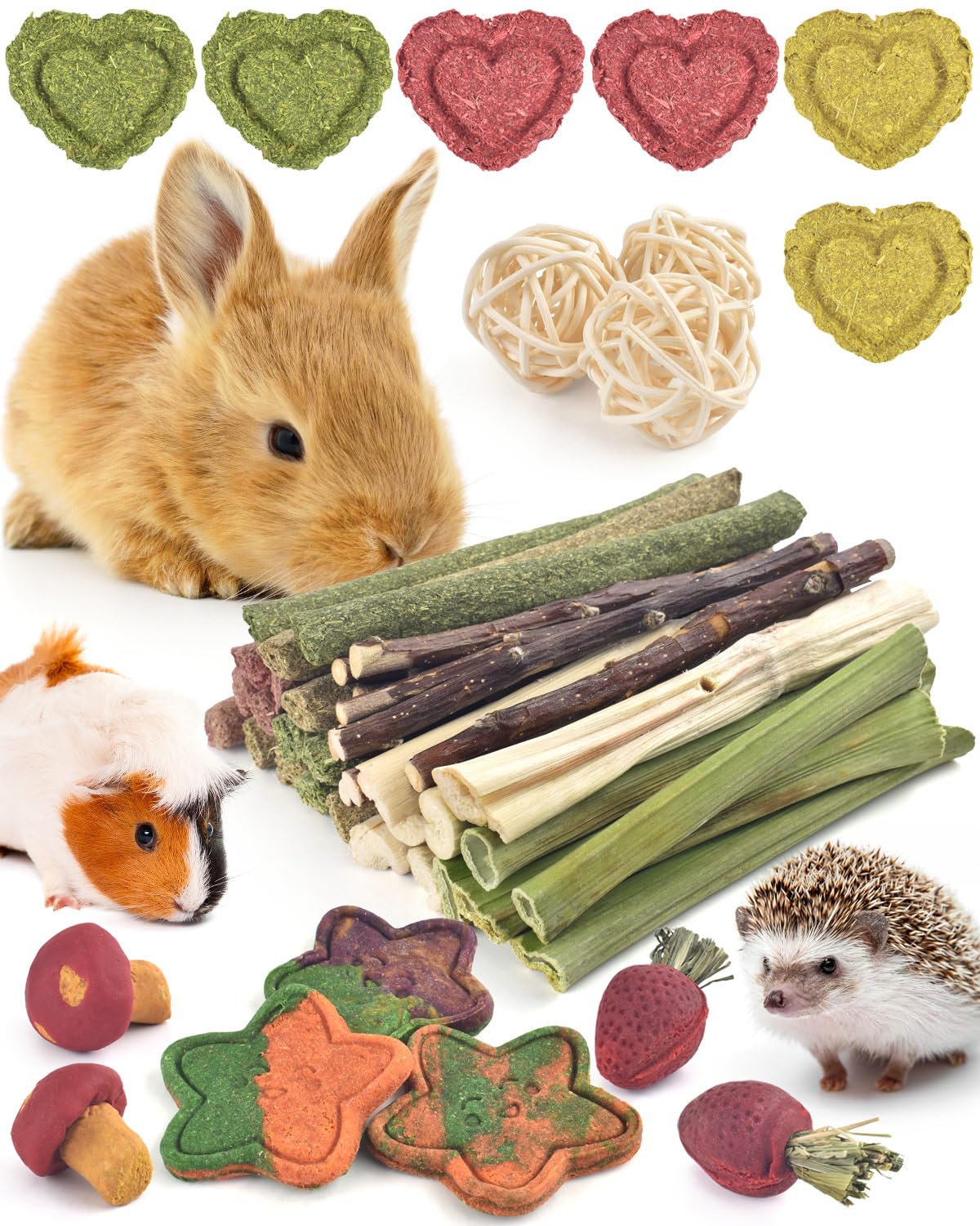 Erkoon 53Pcs Bunny Chew Toys, Rabbit Chew Toys For Teeth Grinding, Improve Dental Health, 100% Natural Apple Wood Timothy Grass 