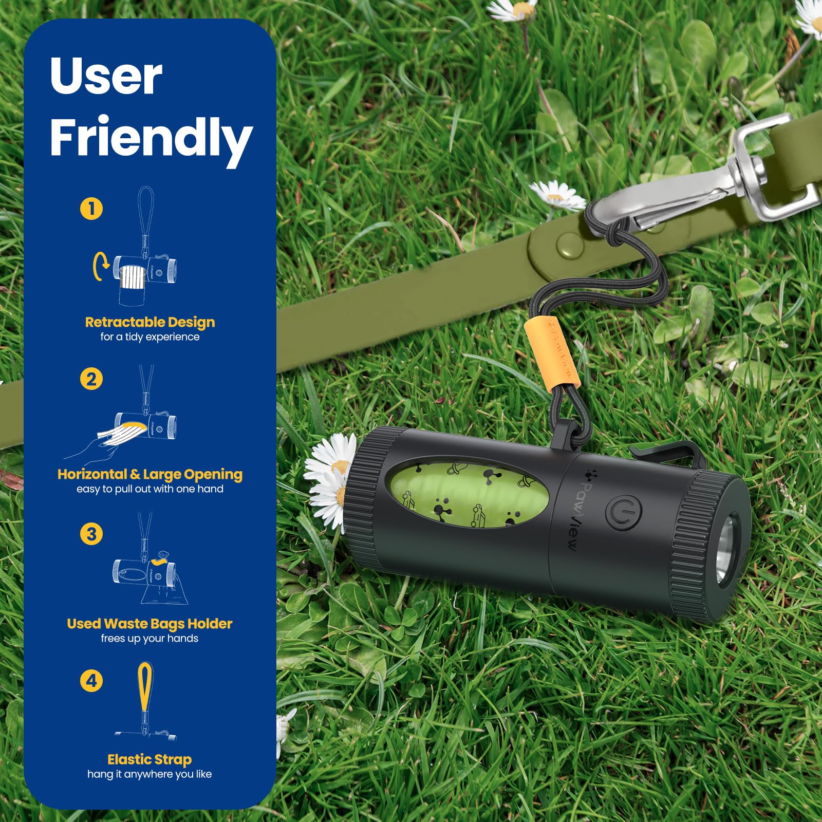 Pawview Smart Dog Poop Bag Holder With Flashlight & Walk Data Record, Retractable Waste Bag Dispenser With Used Bags Holder, Inc