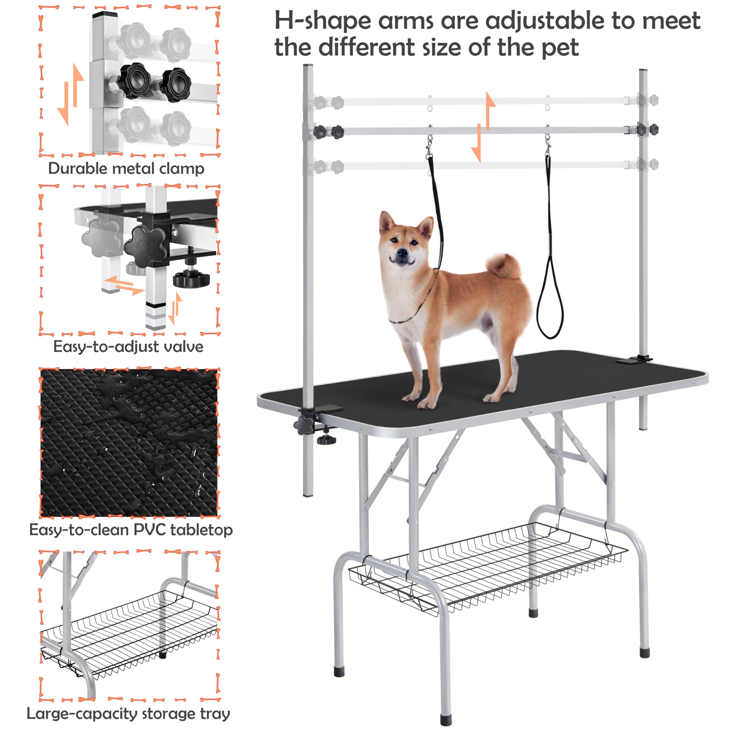 Yaheetech 46'' Pet Grooming Table For Large Dogs Adjustable Height Portable Trimming Table Drying Table W/Arm/Noose/Mesh Tray Maximum Capacity Up To 265Lb, Black