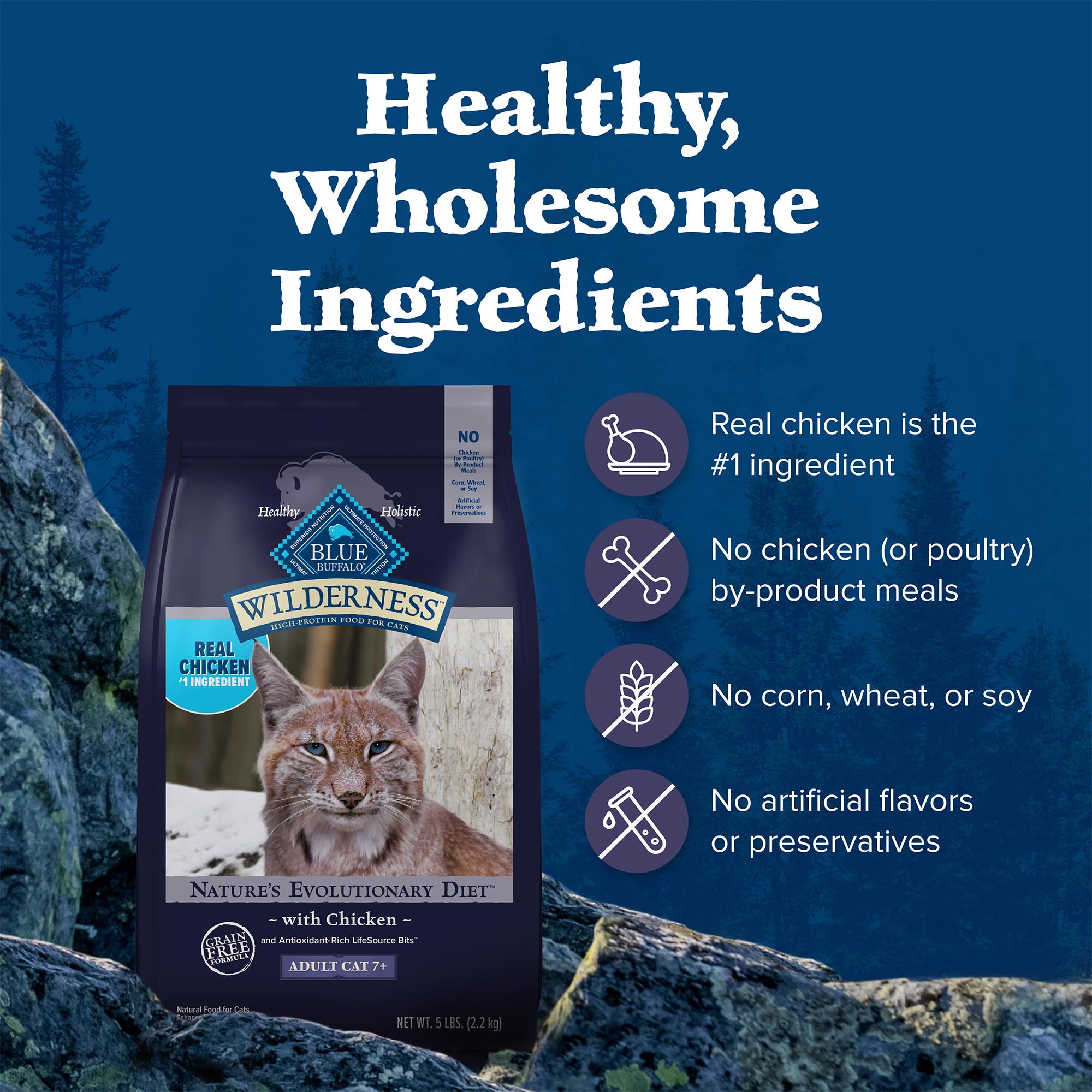 Blue Buffalo Wilderness Natural Mature Dry Cat Food for Cats 7+ Years, High-Protein and Grain-Free Diet, Supports Immune System