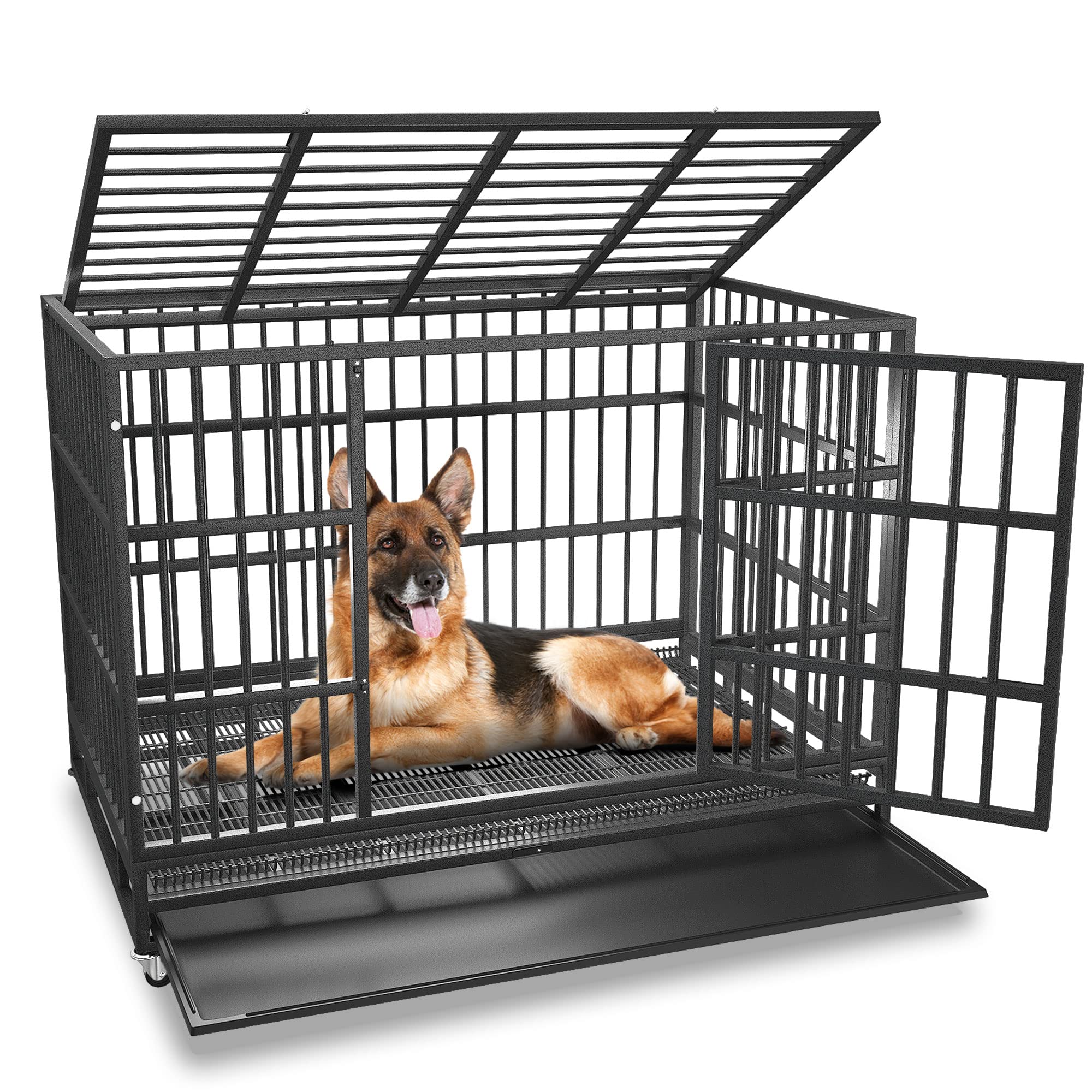 Boldbone 48/42/38 Inch Heavy Duty Indestructible And Escape-Proof Dog Crate Cage Kennel For Large Dogs, High Anxiety Dog Crate With Removable Crate Trays, Wheels And Double Door, Extra Large Xl Xxl
