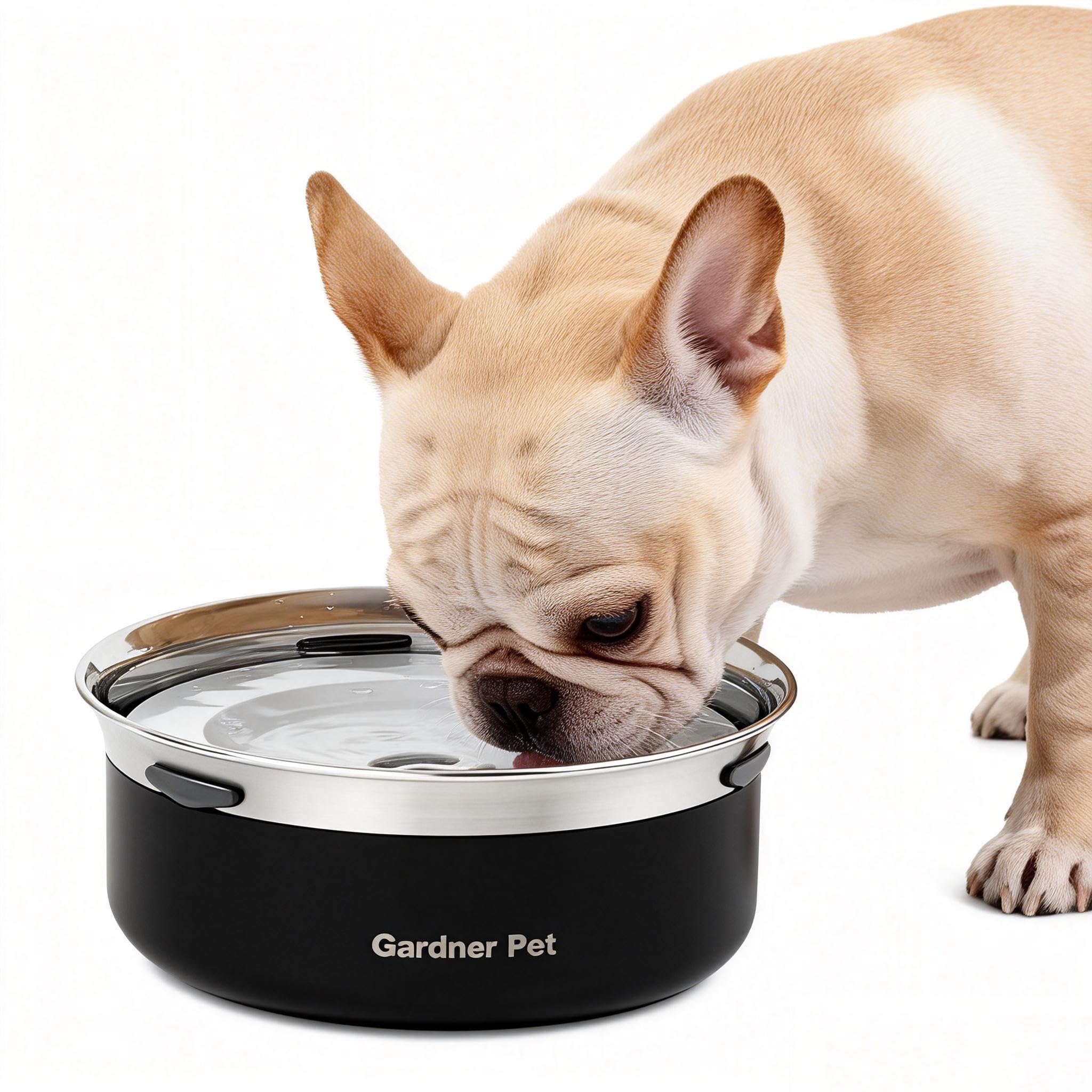Gardner Pet Slow Water Bowl for Dogs, 2L/68oz Spill-Proof Pet Water Bowl with Floating Disk & Filter Screen, Stainless Steel No-