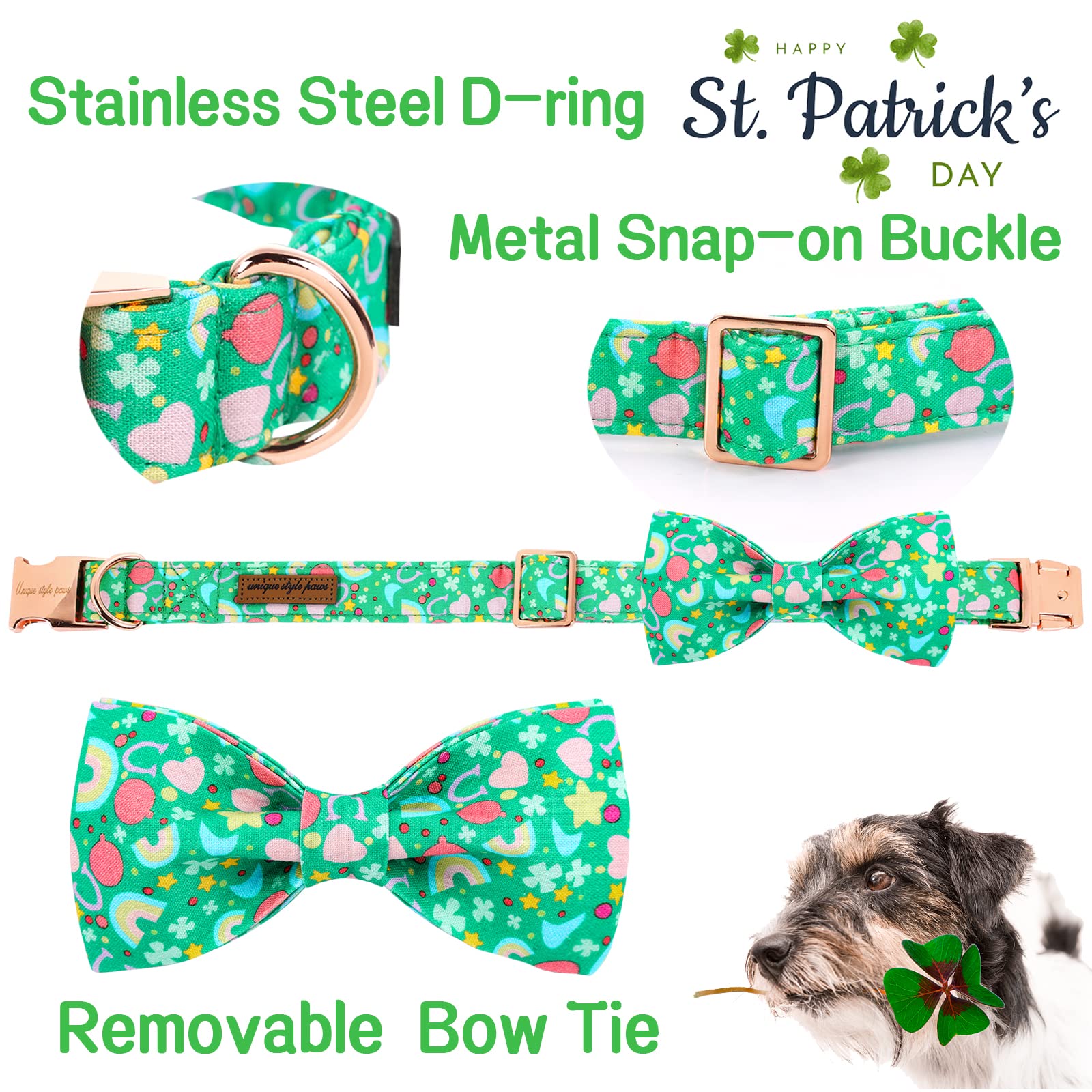 Unique Style Paws St. Patrick 'S Day Dog Collar With Bow Tie Rainbow Clover Heart Puppy Collar For Small Medium Large Boys Girls