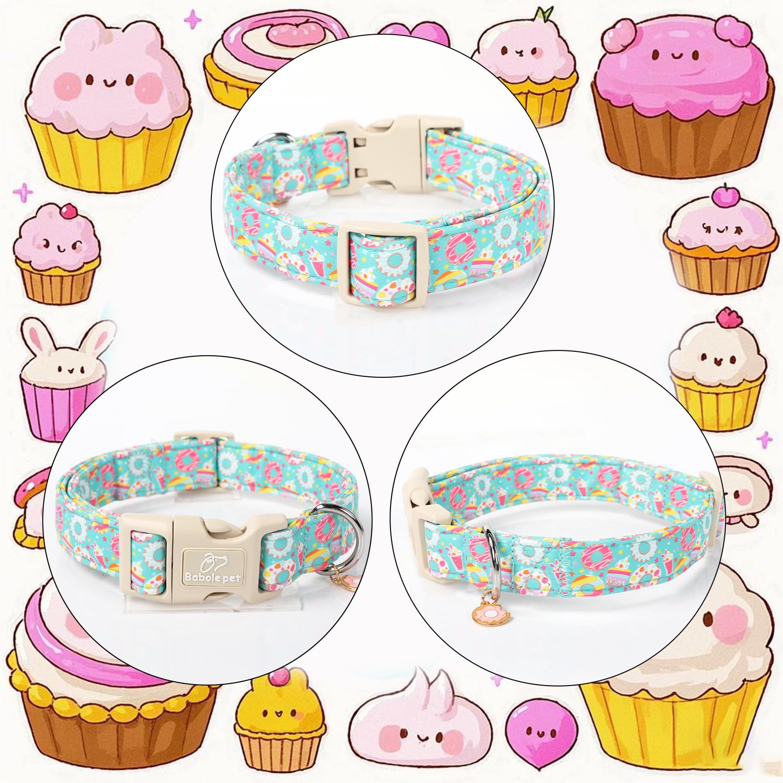 Babole Pet Adjustable Summer Dog Collar, Cute Mint Dessert Dog Collars For Medium Dogs, Lightweight Quick-Release Buckle Collar
