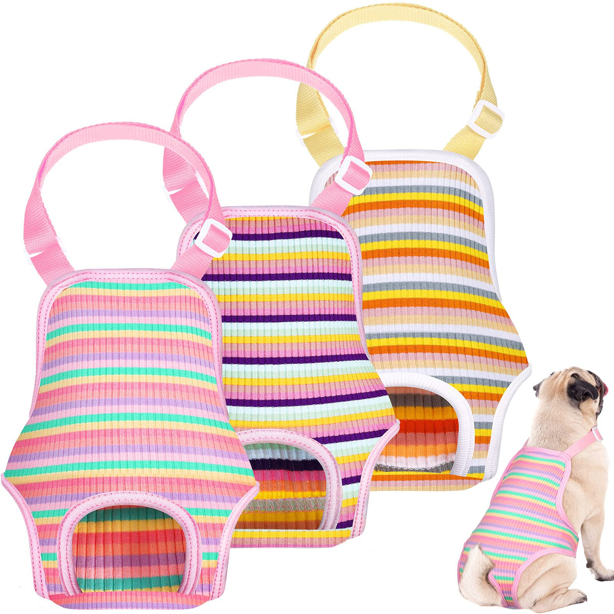 3 Pieces Dog Diaper Striped Sanitary Pantie With Adjustable Suspender Washable Reusable Puppy Sanitary Panties Cute Pet Underwear Diaper Jumpsuits For Female Dogs (Rainbow Pattern, S)