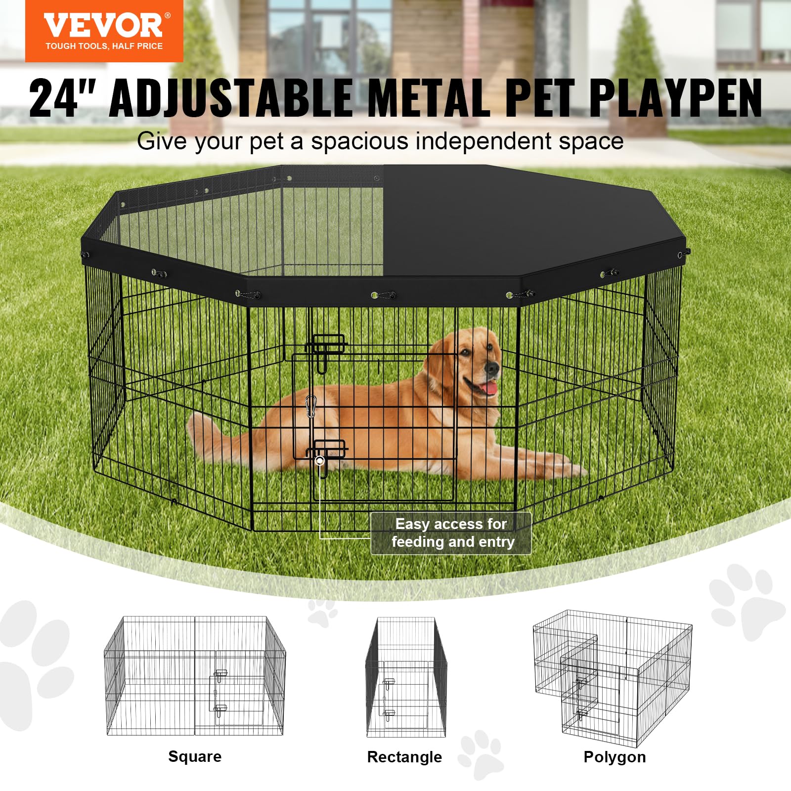 VEVOR Dog Playpen, 8 Panels Foldable Metal Dog Exercise Pen with Top Cover, 24 H Pet Fence Puppy Crate Kennel with Ground Stakes