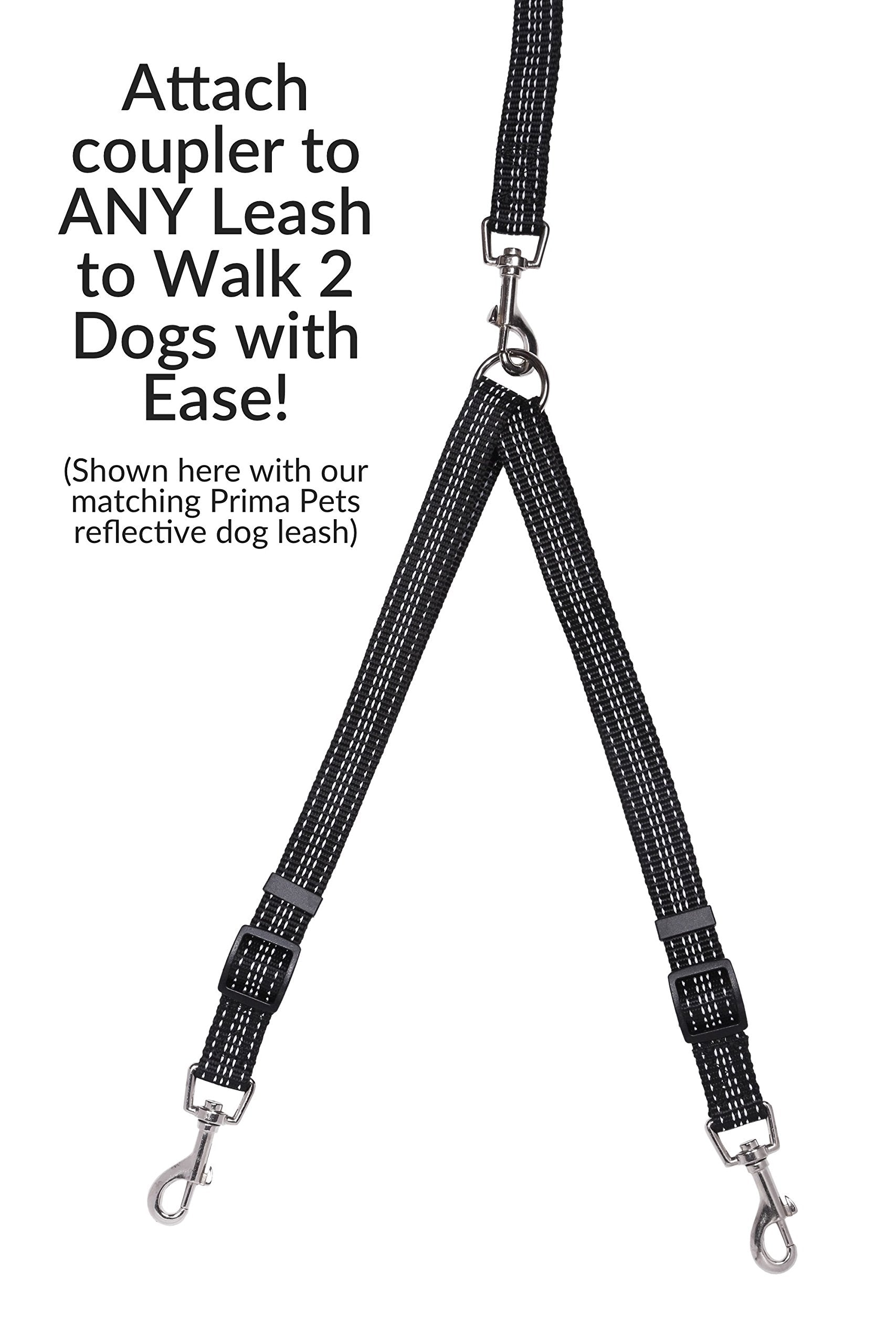 Prima Pets Reflective Adjustable Double Dog Coupler - Each Side Adjusts 11 to 20 in Length - Walk 2 Dogs with Ease (Medium - 3/4