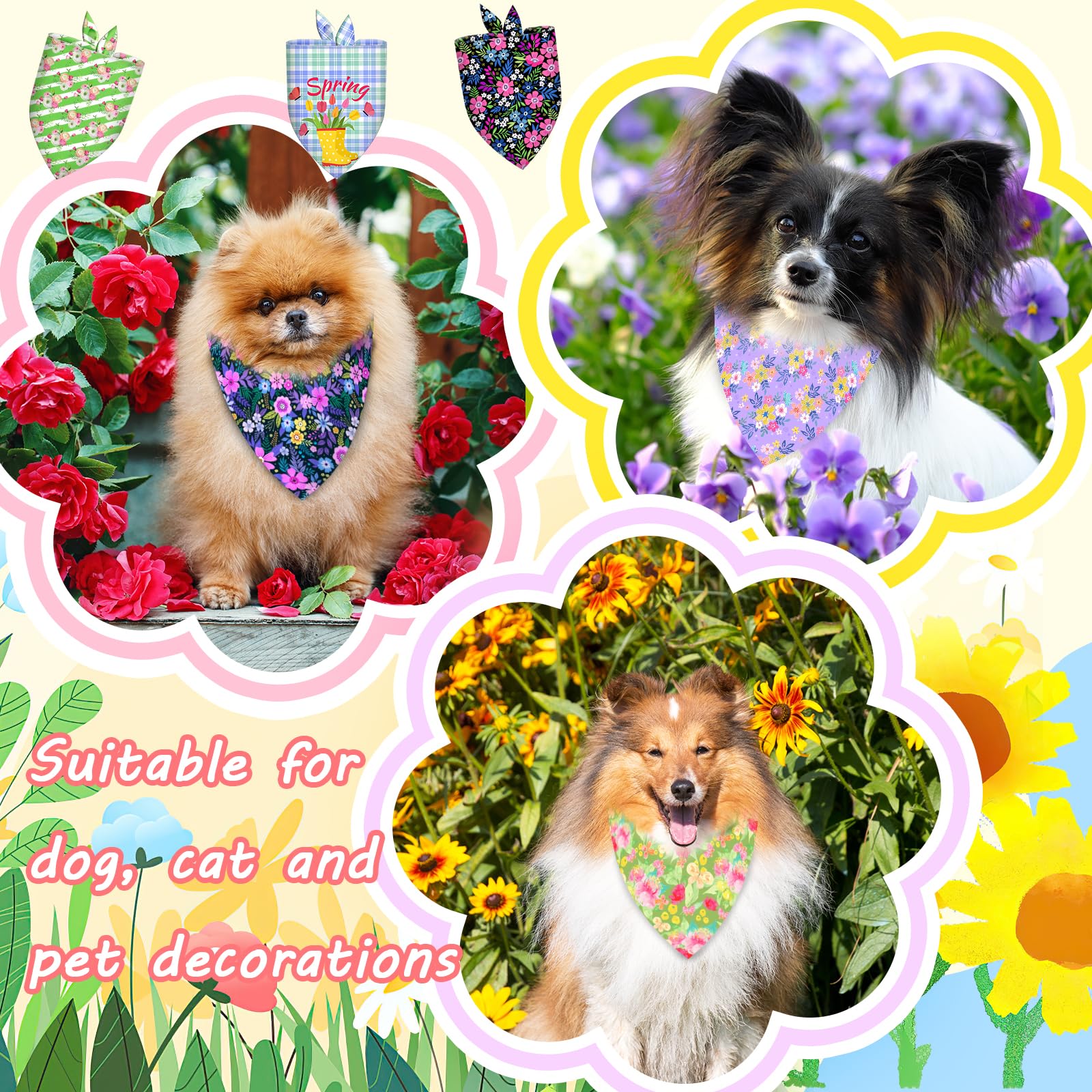 60 Pcs Spring Summer Dog Bandanas Bulk Adjustable Floral Puppy Scarves Pet Bandana Washable Flower Puppy Grooming Bandana For Mo