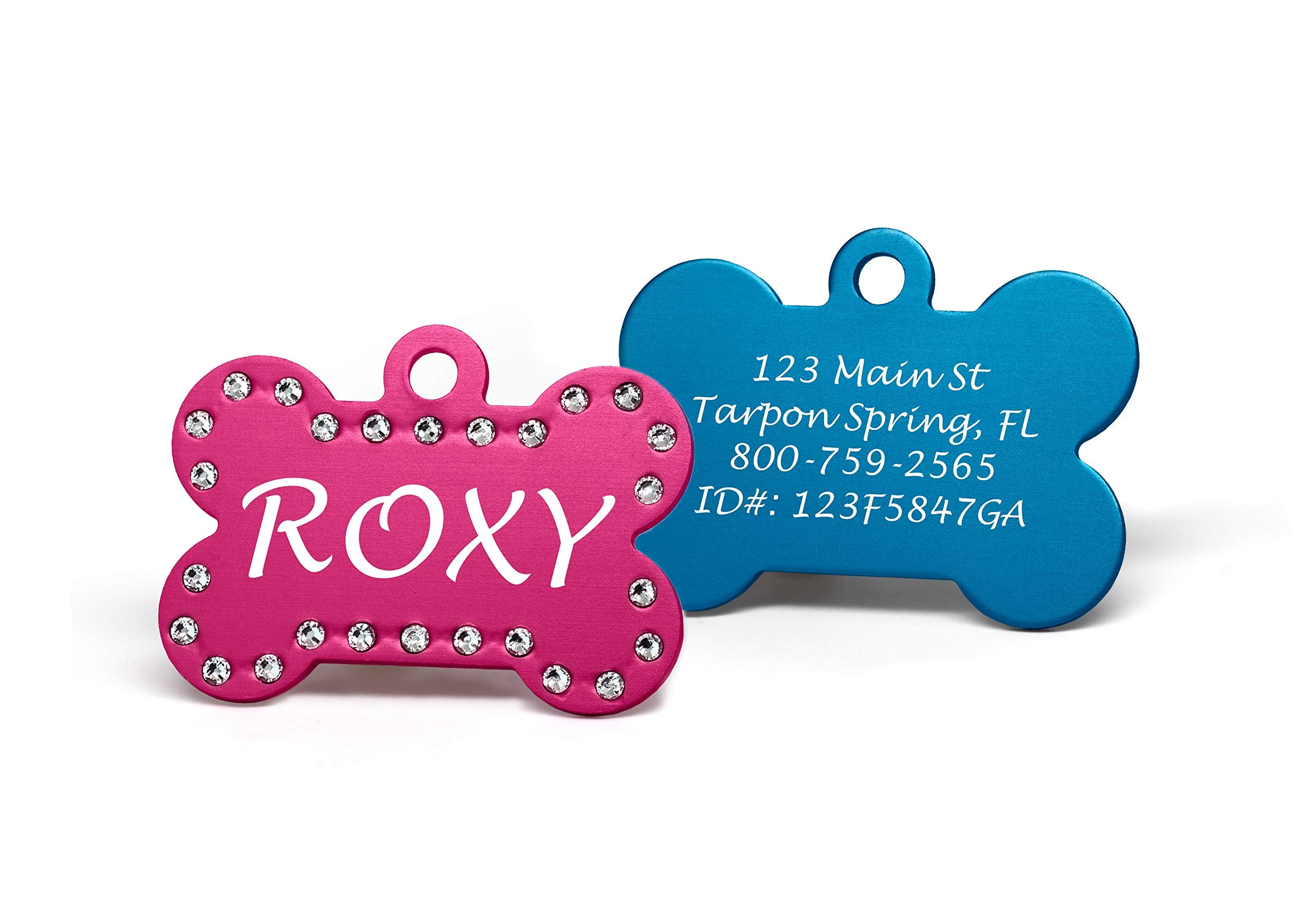 Providence Engraving Custom Engraved Pet Id Tags With Swarovski Crystals - Personalized Anodized Aluminum Bone-Shaped Dog Tag Or