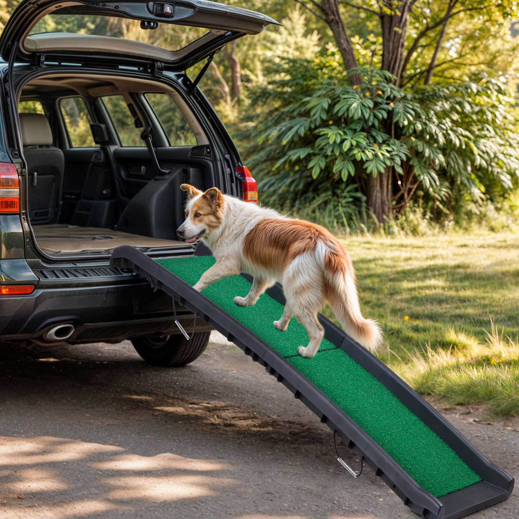 Epetlover 61 Inches Folding Dog Ramp for Cars Trucks SUVs Portable Pet Ramps for Large Dogs Non-Slip Stairs Step Ladder with Rai