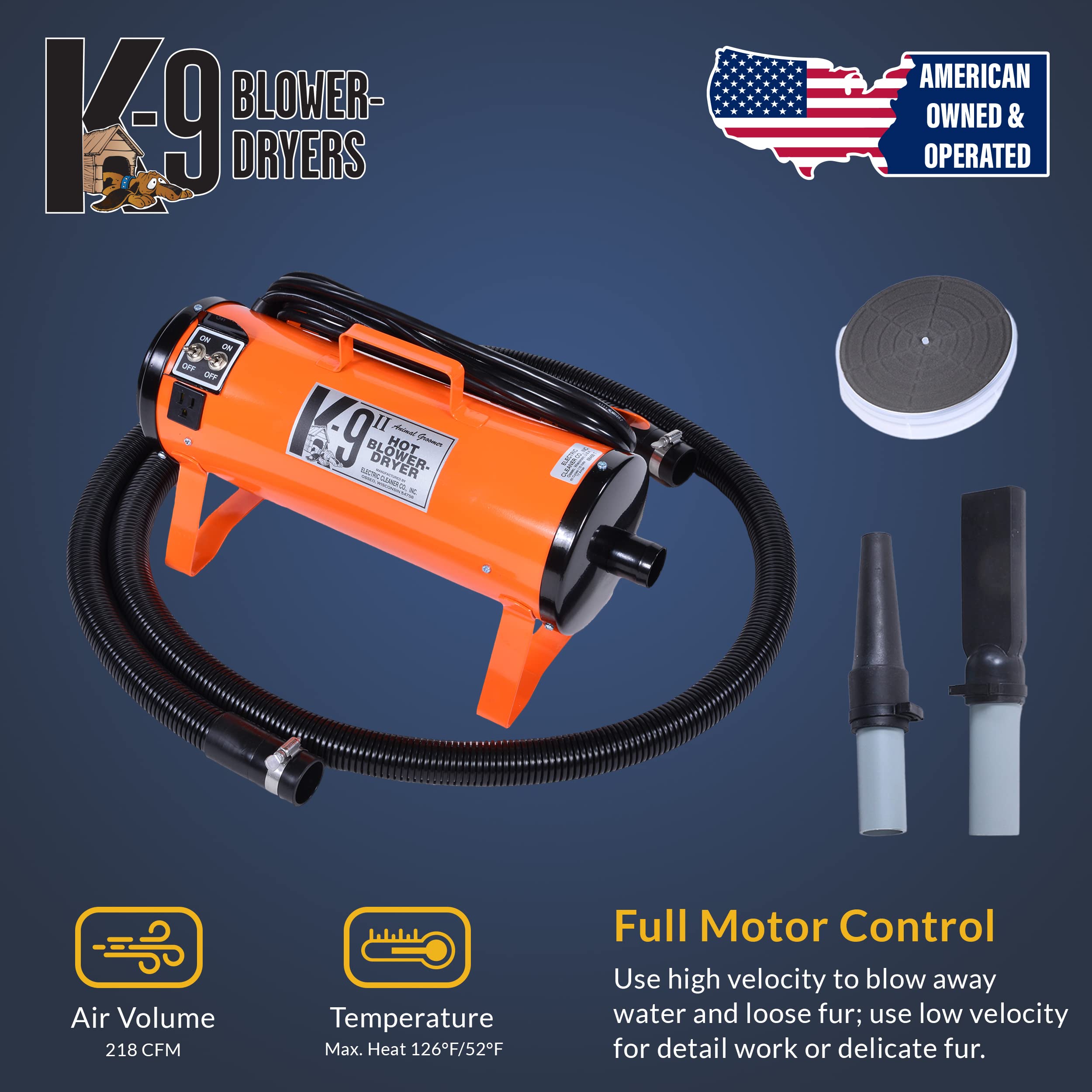 Electric Cleaner Company K9 Ii Dog Blow Dryer - High Power Grooming Dryer, Heavy Duty, 10' Hose, Deshedding, Orange