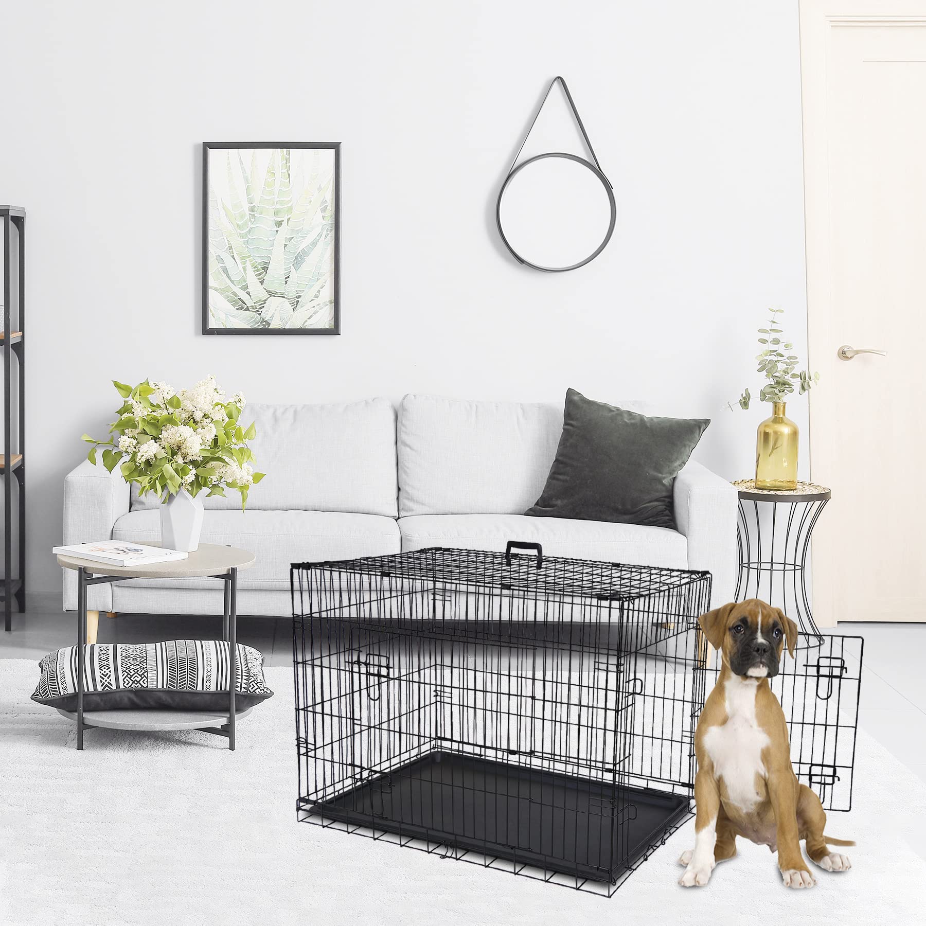 Epetlover 42-Inch Double Door Dog Crates Folding Metal Pet Kennel Wire Cage With Tray For Small Medium Large Sized Dogs, Indoor