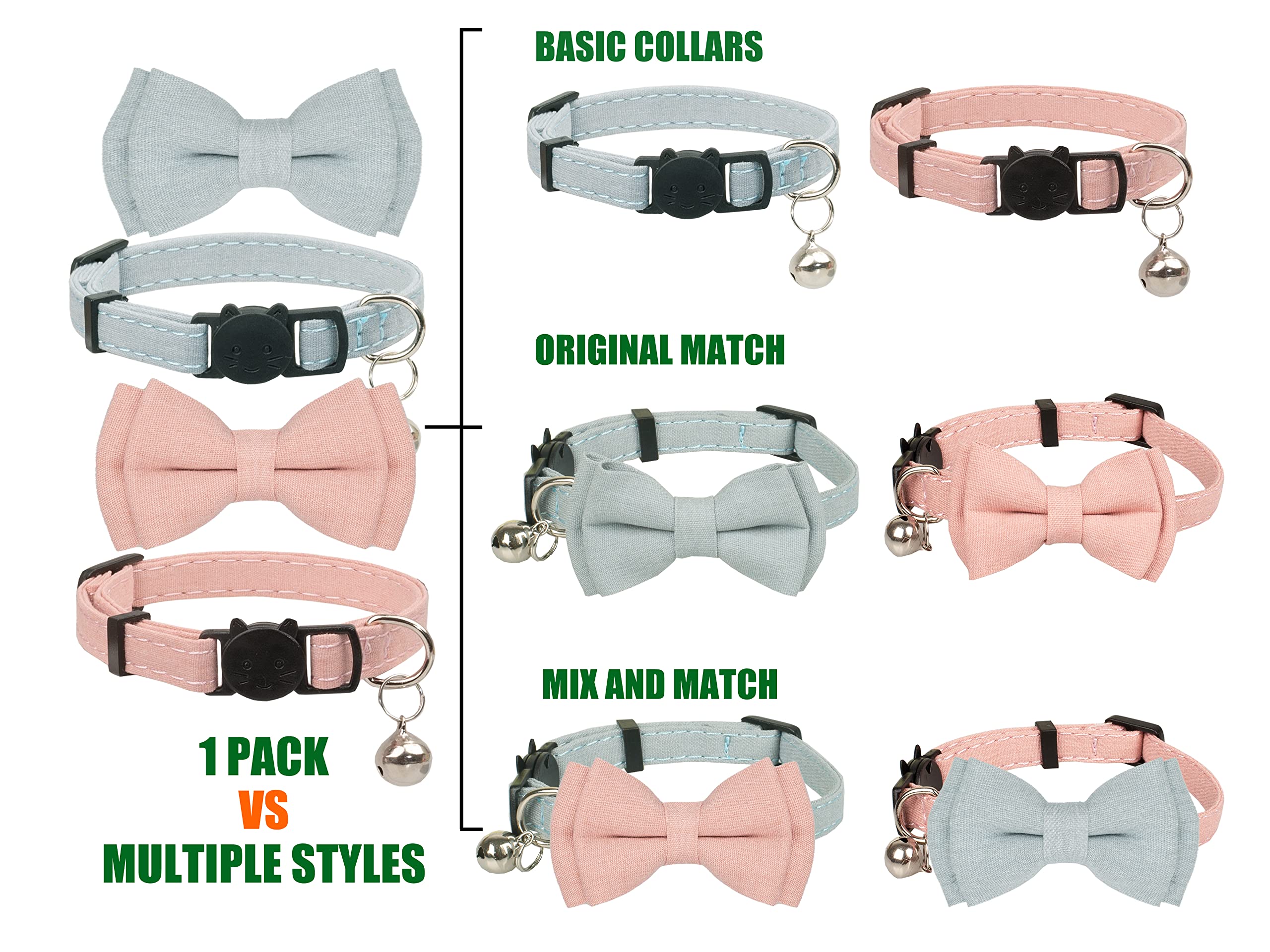 Gyapet Cat Collar Breakaway Bowtie Safety With Bell Adjustbale Kitten Puppy Solid Plaid Color Set A-[2Pcs] Pink & Blue