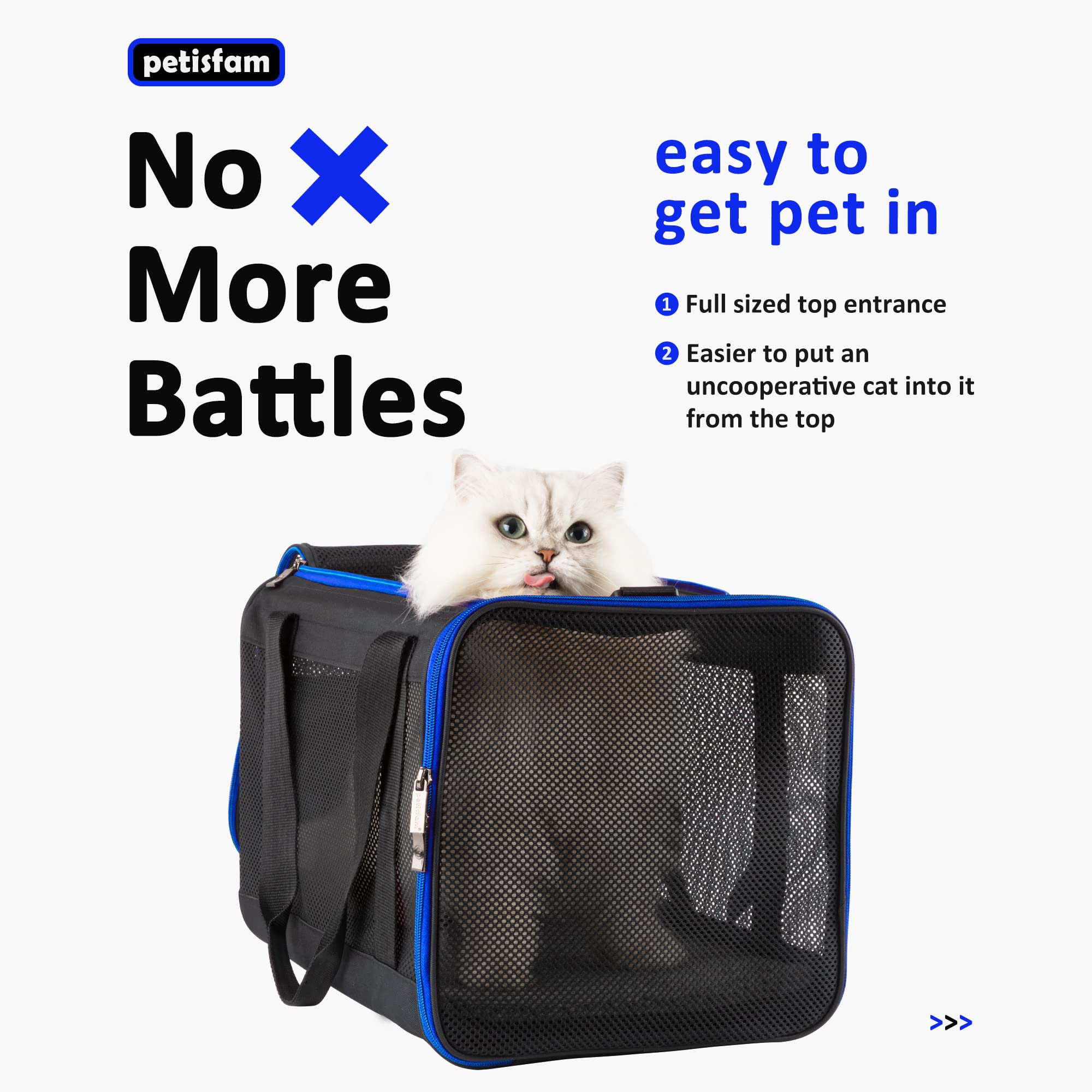 Petisfam Easy Load Soft Pet Carrier Bag Cat For Medium, Large Cats, Puppy, Sturdy, Collapsible, Comfy, Black W/Blue Trim, L