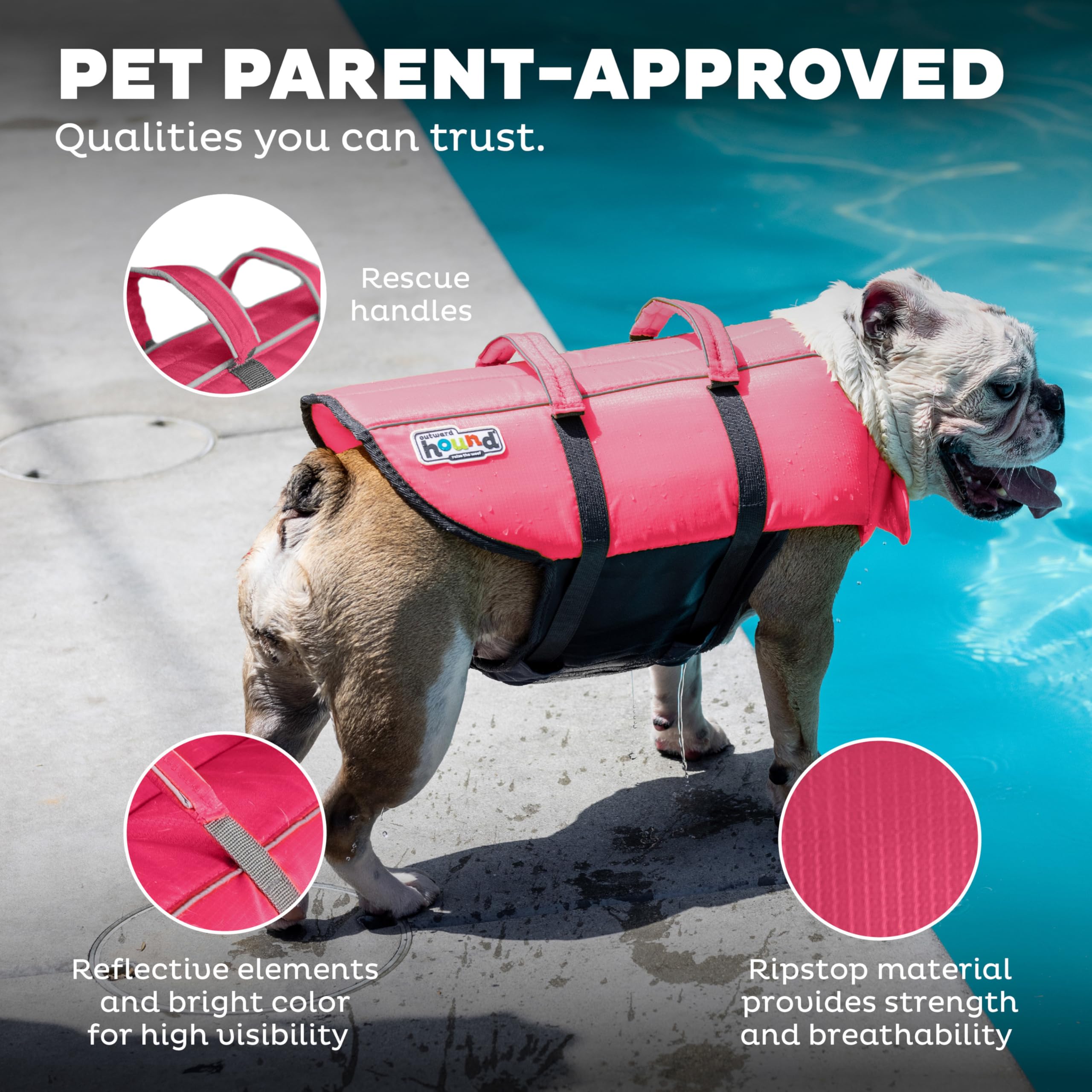 Outward Hound Granby Splash Dog Life Jacket, High-Buoyancy Dog Life Vest For Swimming, Boating, And Water Safety, Medium, Pink