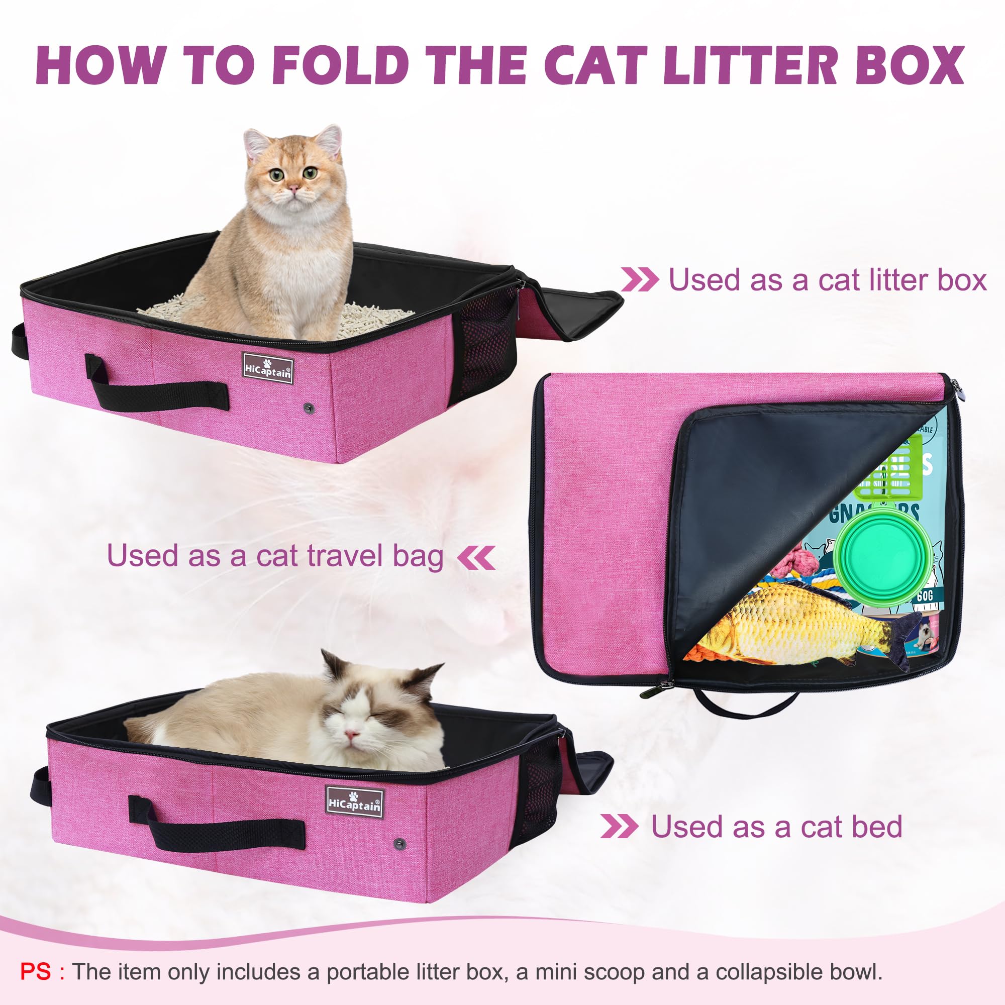 Hicaptain Portable Cat Travel Litter Box With Lid, Foldable Travel Litter Box In Car Designed For Medium Cats, Light Weight Leak